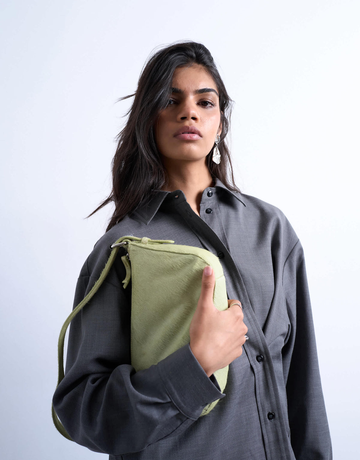 Topshop Stina small hair on real leather shoulder bag in green