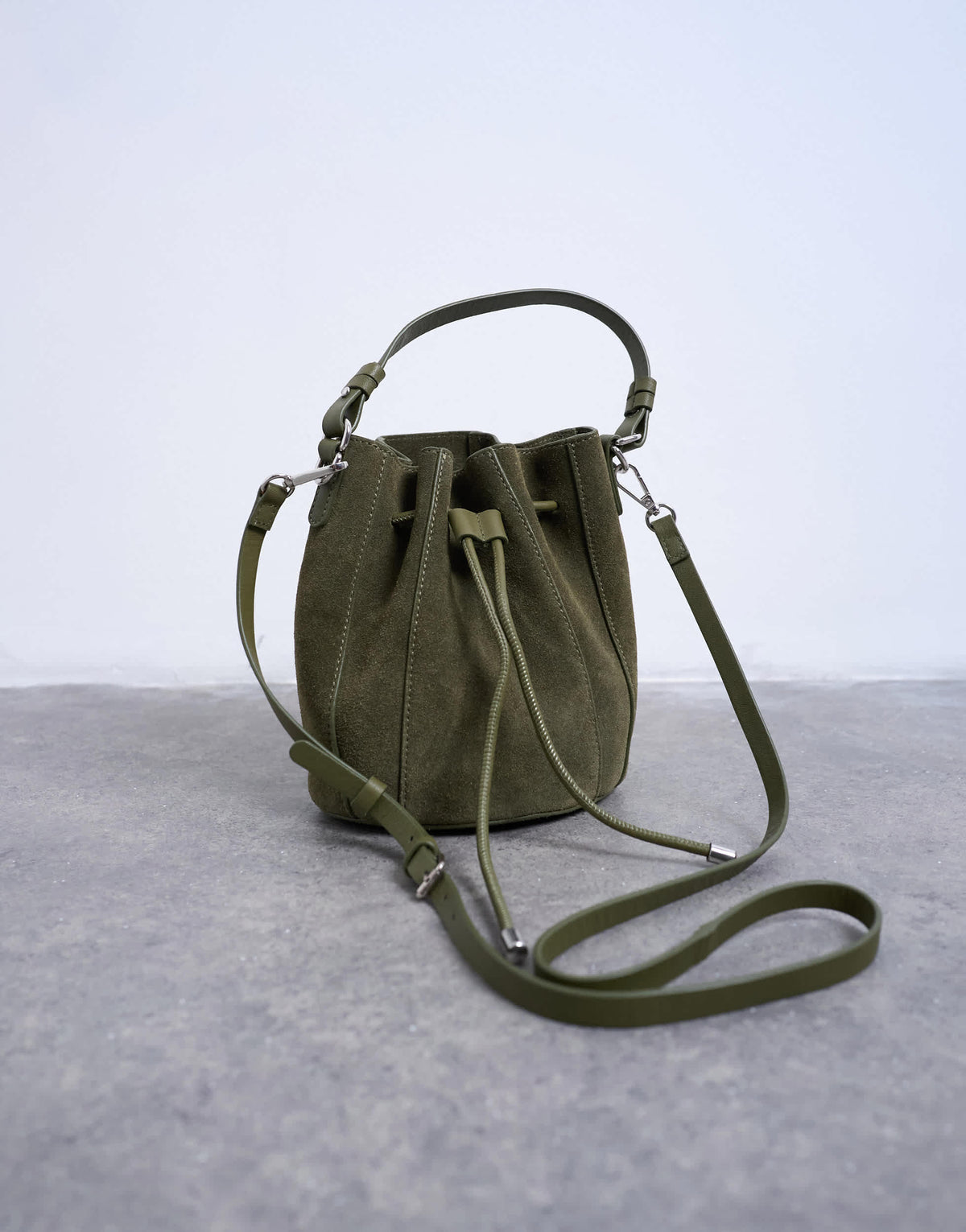 Topshop Colette real suede bucket bag in khaki