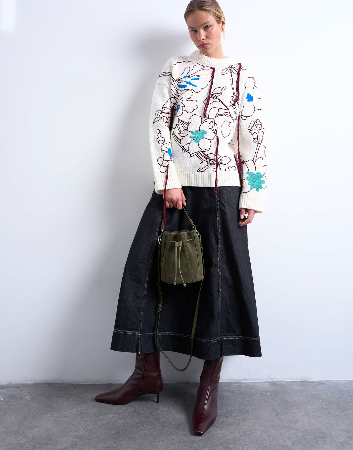 Topshop Colette real suede bucket bag in khaki