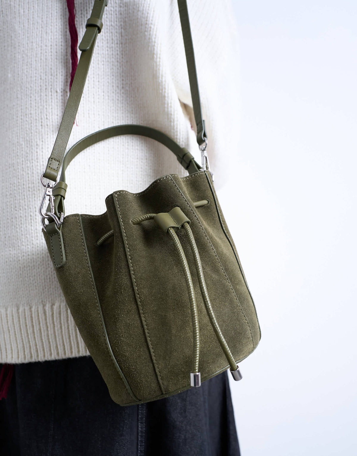 Topshop Colette real suede bucket bag in khaki