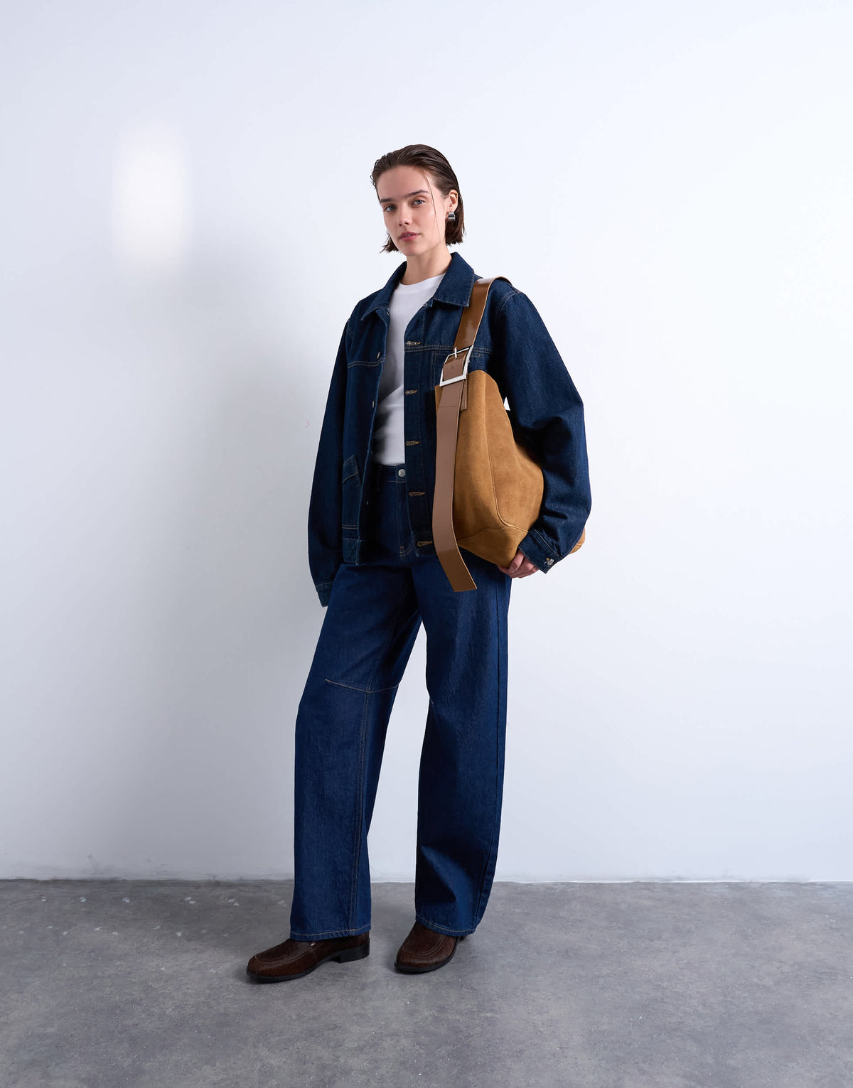 Topshop Sade premium real suede leather bucket shoulder bag in tan