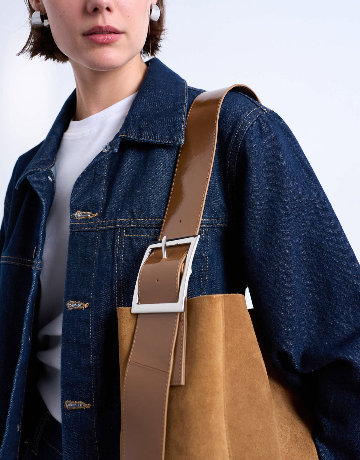 Topshop Sade premium real suede leather bucket shoulder bag in tan