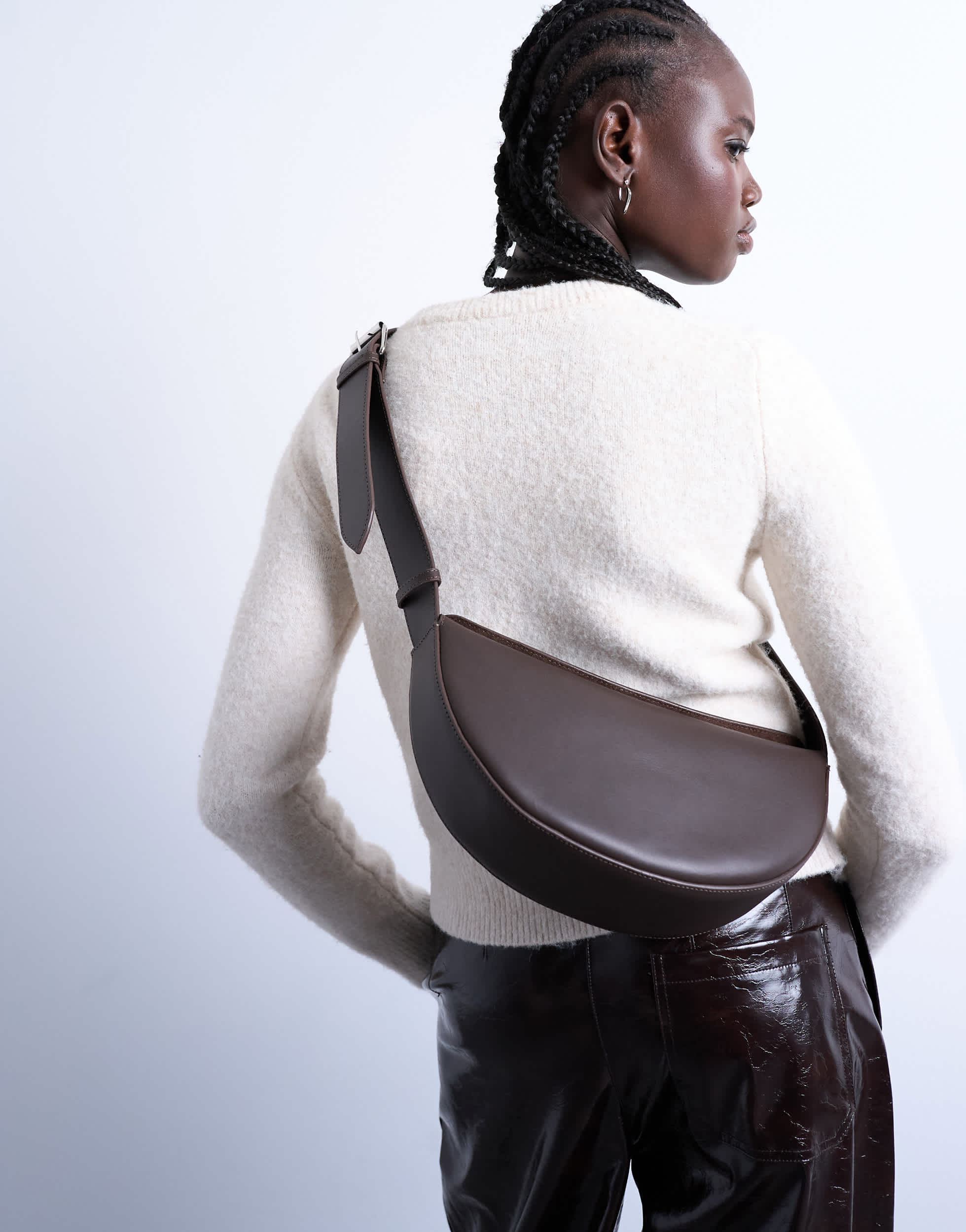 Topshop Cooper cross body real leather bag in chocolate