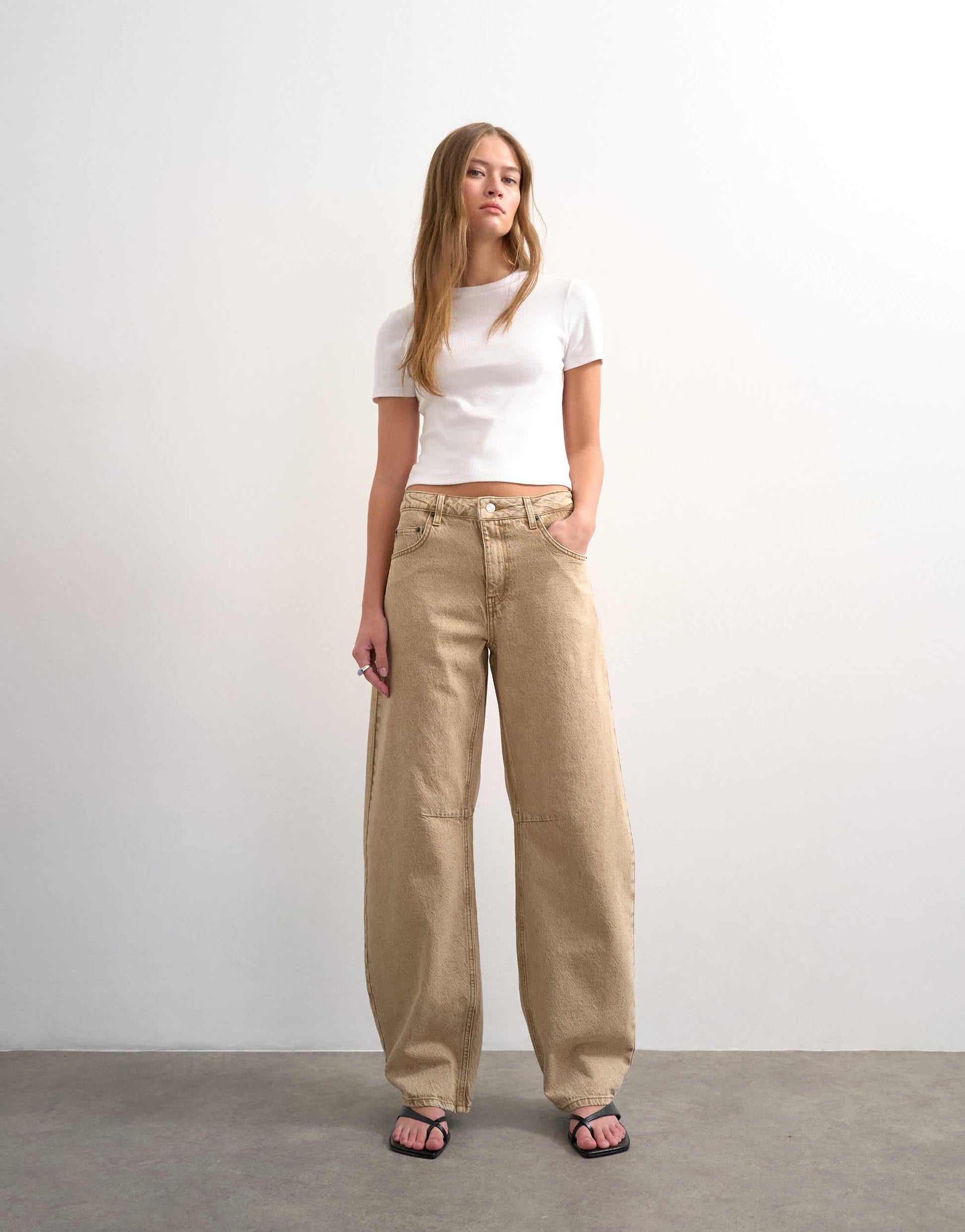 Topshop Barrel mid rise jeans in washed beige