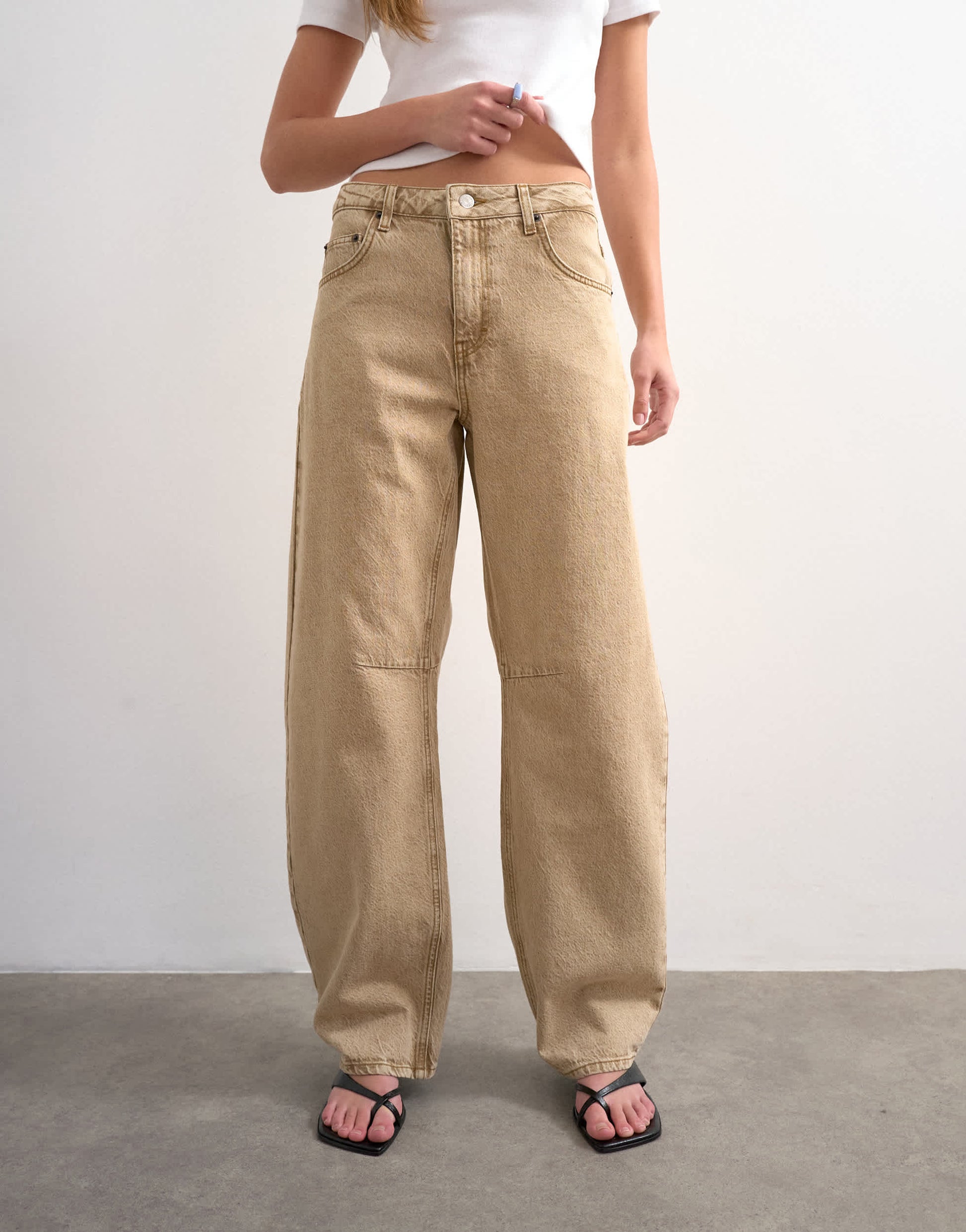 Topshop Barrel mid rise jeans in washed beige