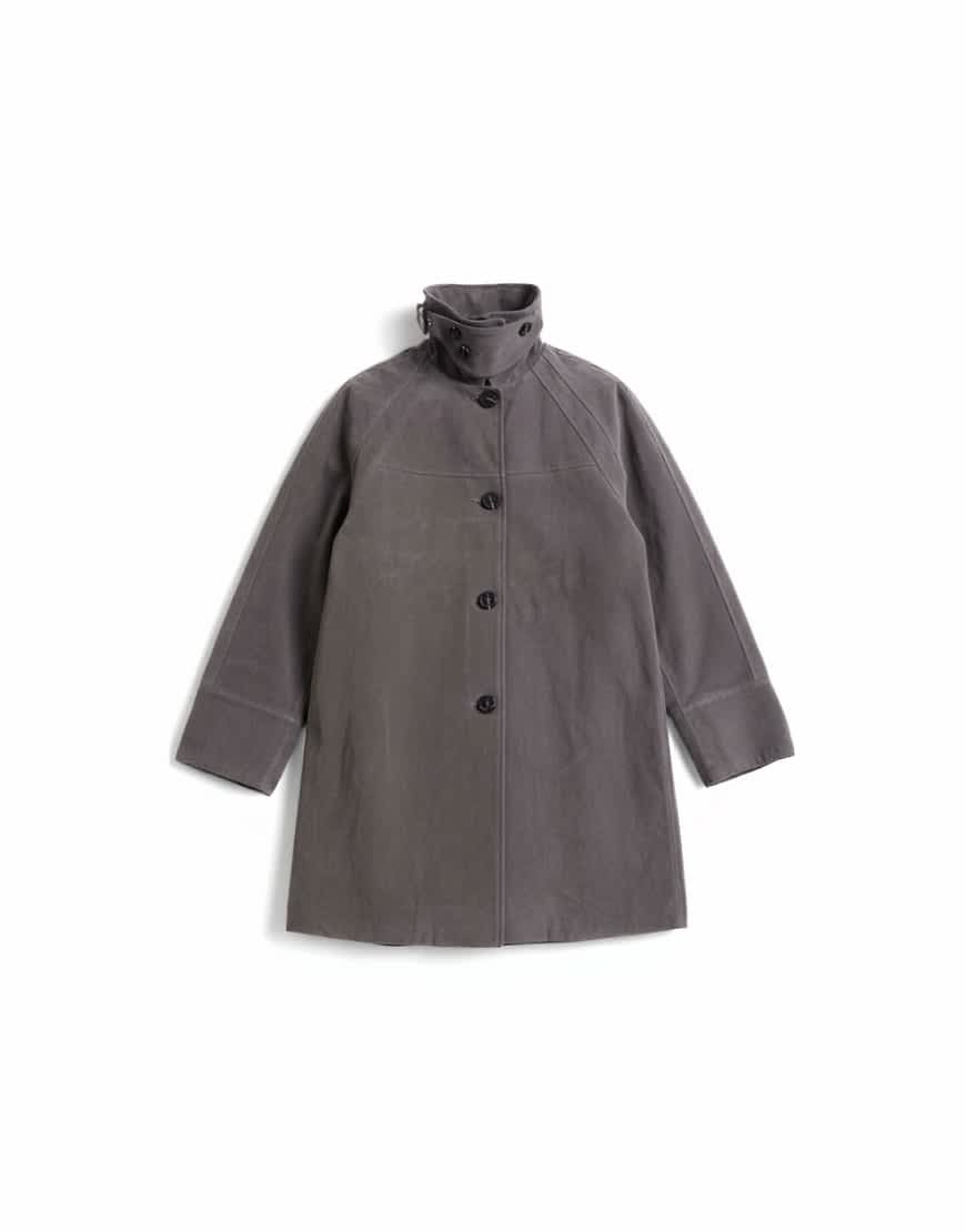Topshop faux suede short funnel neck car coat with neck tab in grey