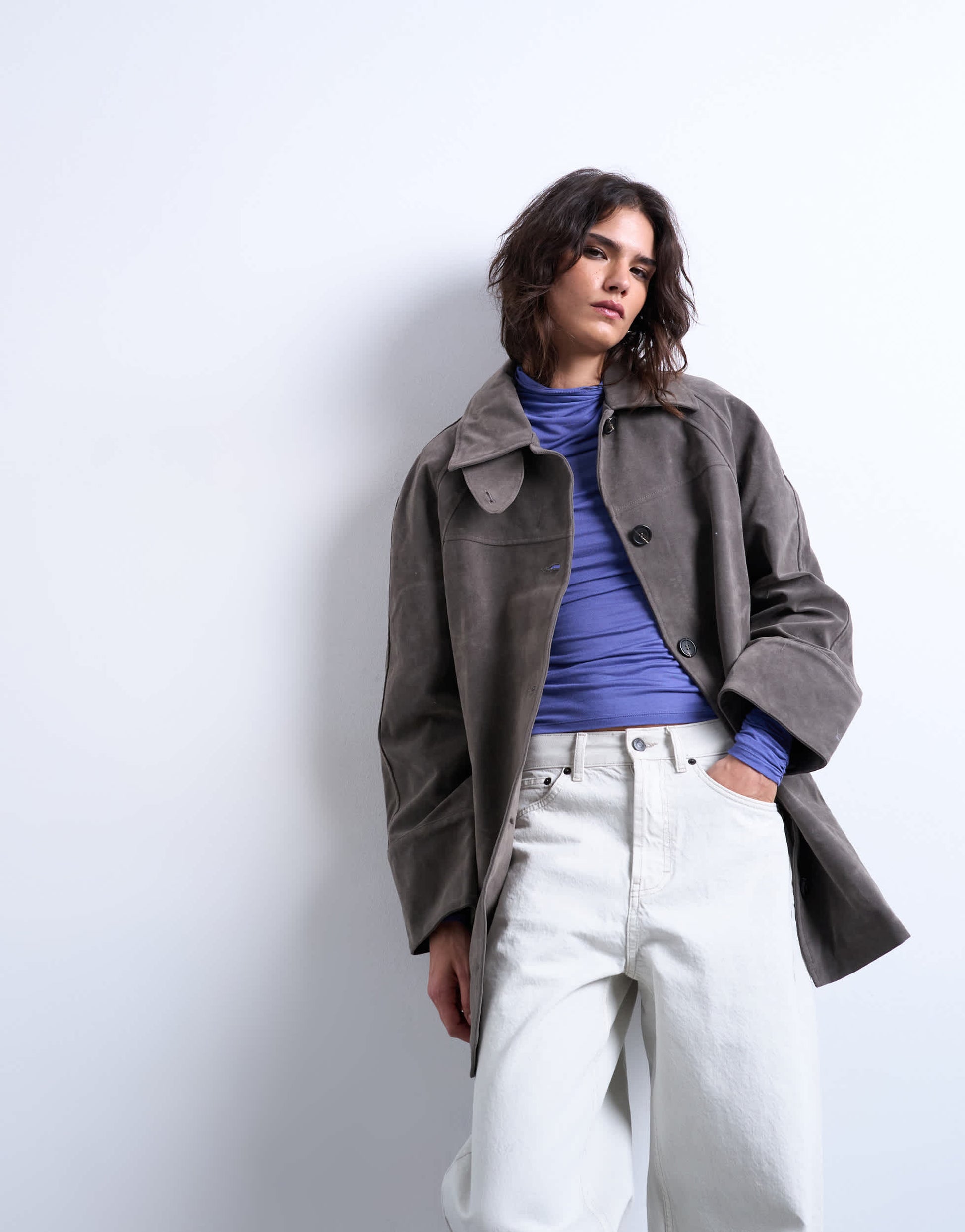 Topshop faux suede short funnel neck car coat with neck tab in grey