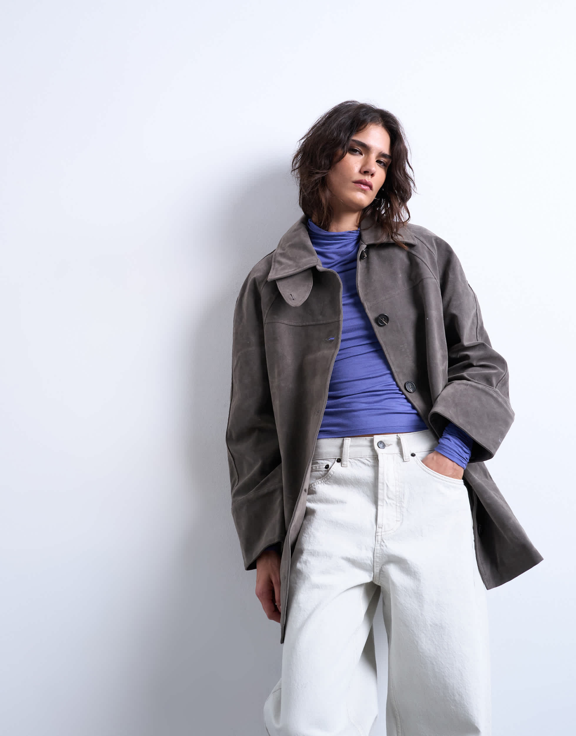 Topshop faux suede short funnel neck car coat with neck tab in grey