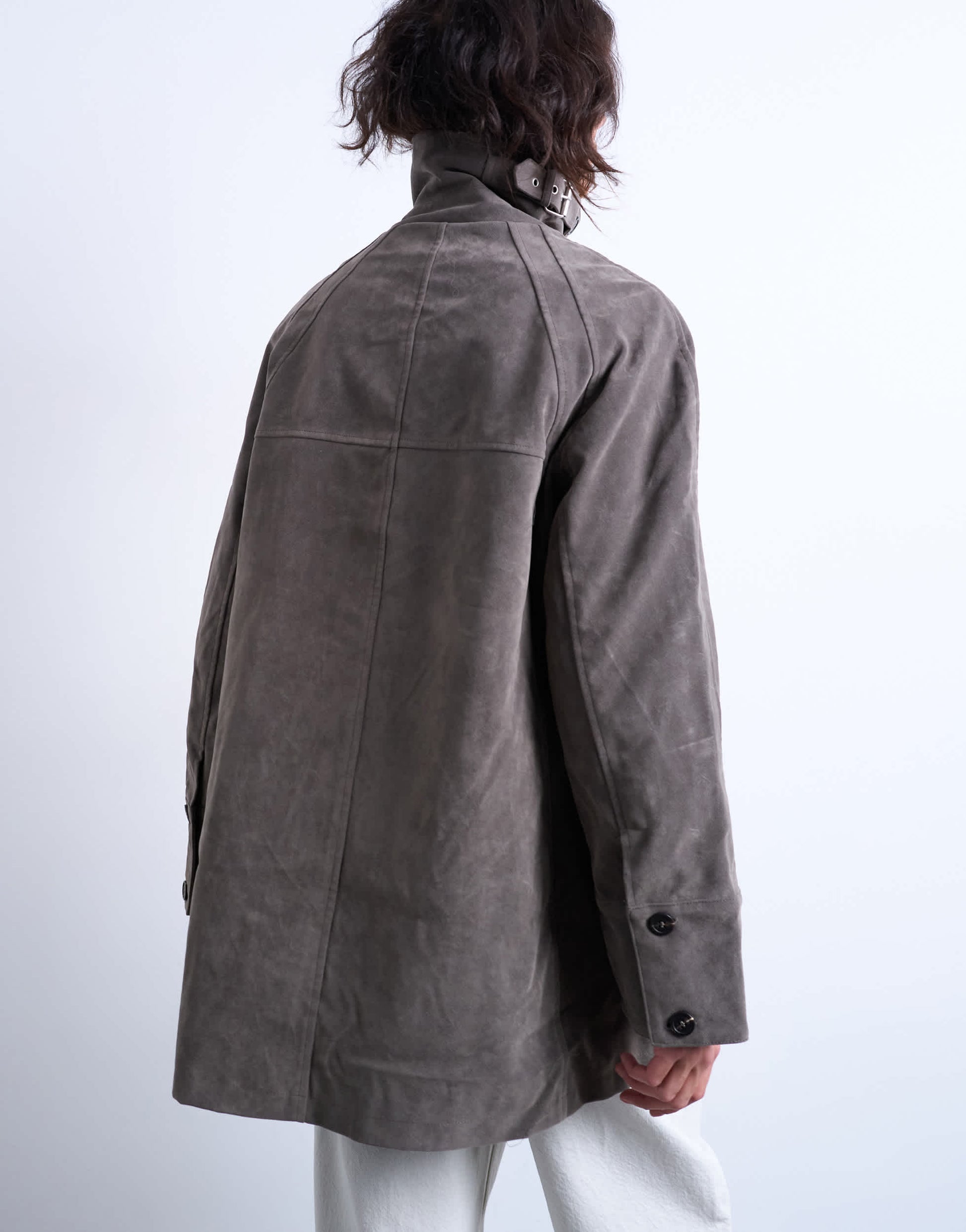 Topshop faux suede short funnel neck car coat with neck tab in grey