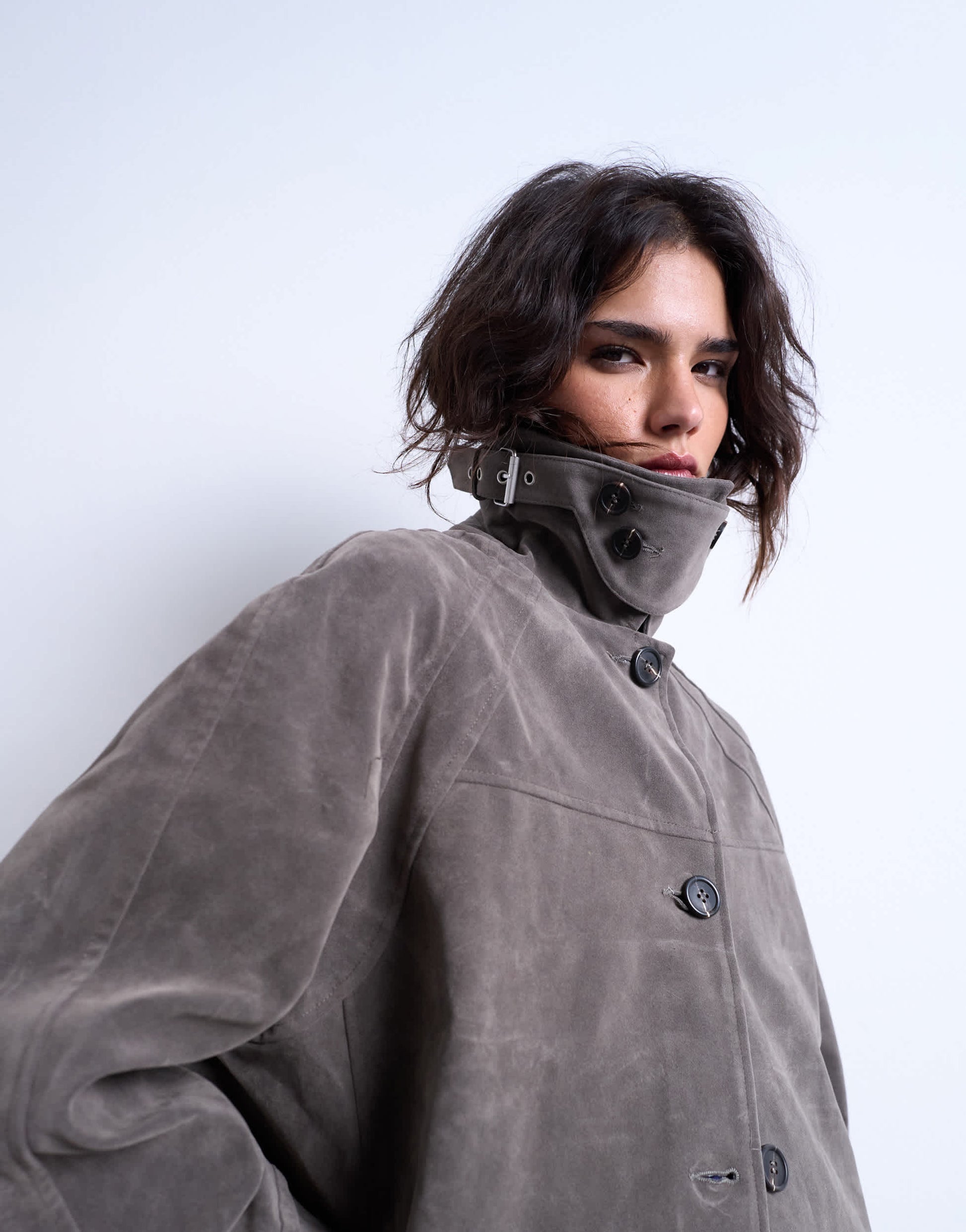 Topshop faux suede short funnel neck car coat with neck tab in grey