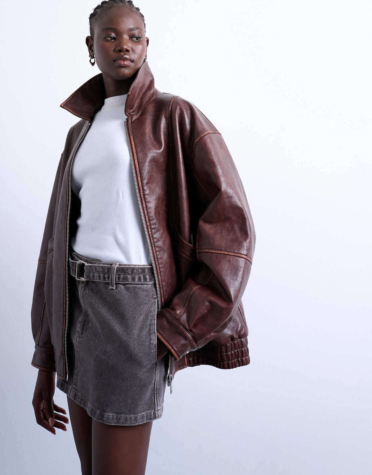 Topshop super oversized faux leather contrast heavy wash bomber jacket in brown