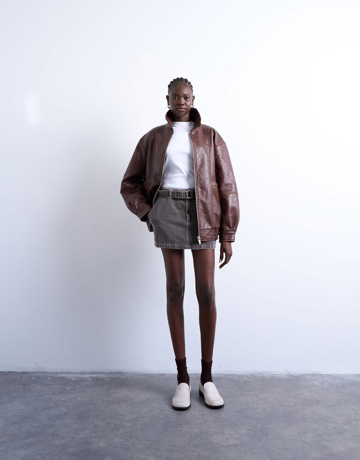 Topshop super oversized faux leather contrast heavy wash bomber jacket in brown