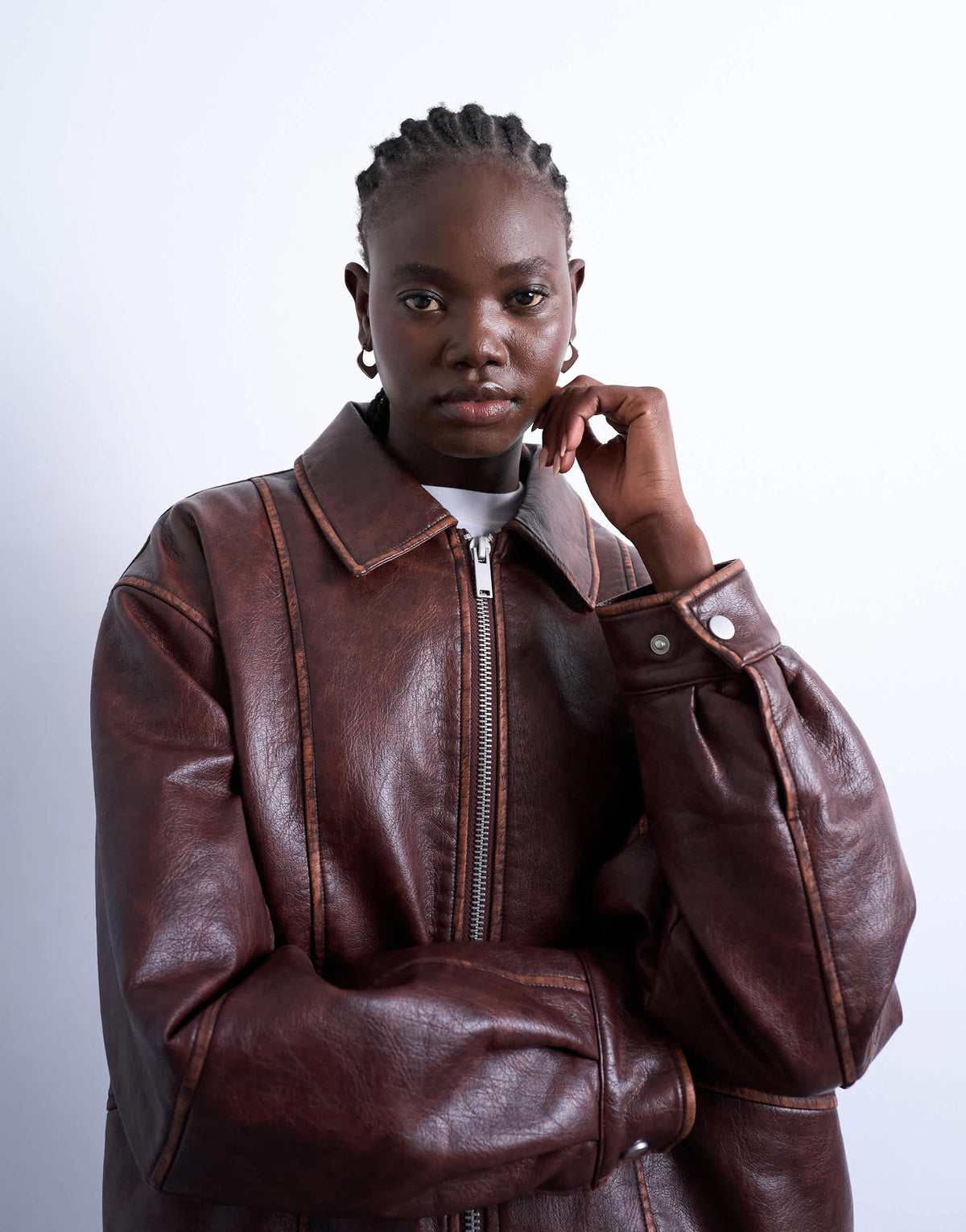 Topshop super oversized faux leather contrast heavy wash bomber jacket in brown