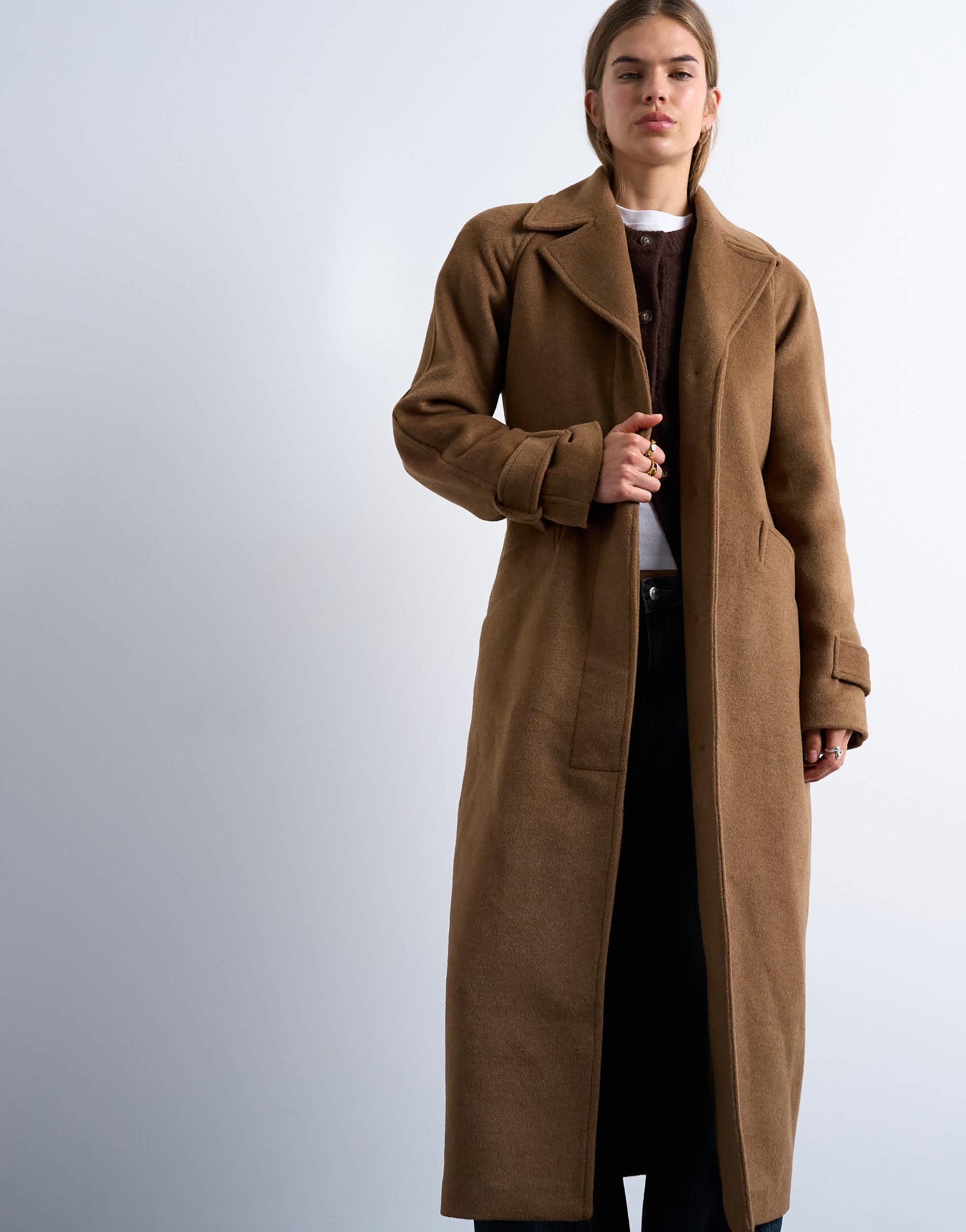 Topshop belted formal longline coat with wool in camel