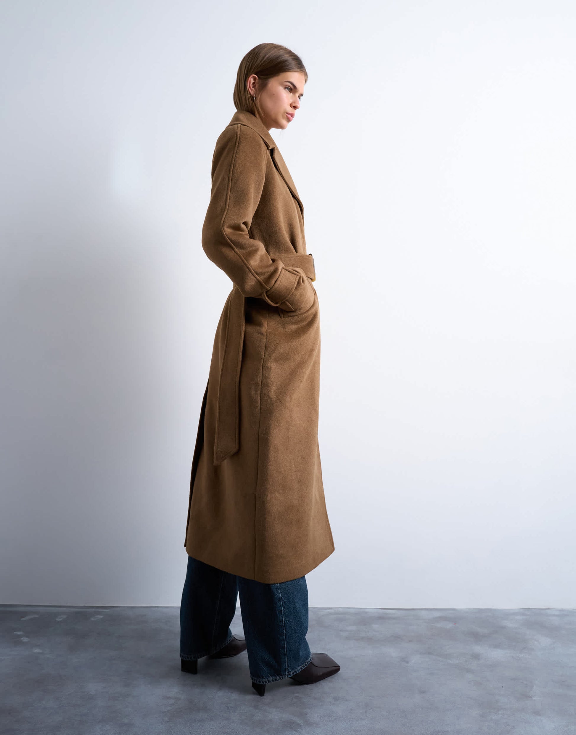 Topshop belted formal longline coat with wool in camel