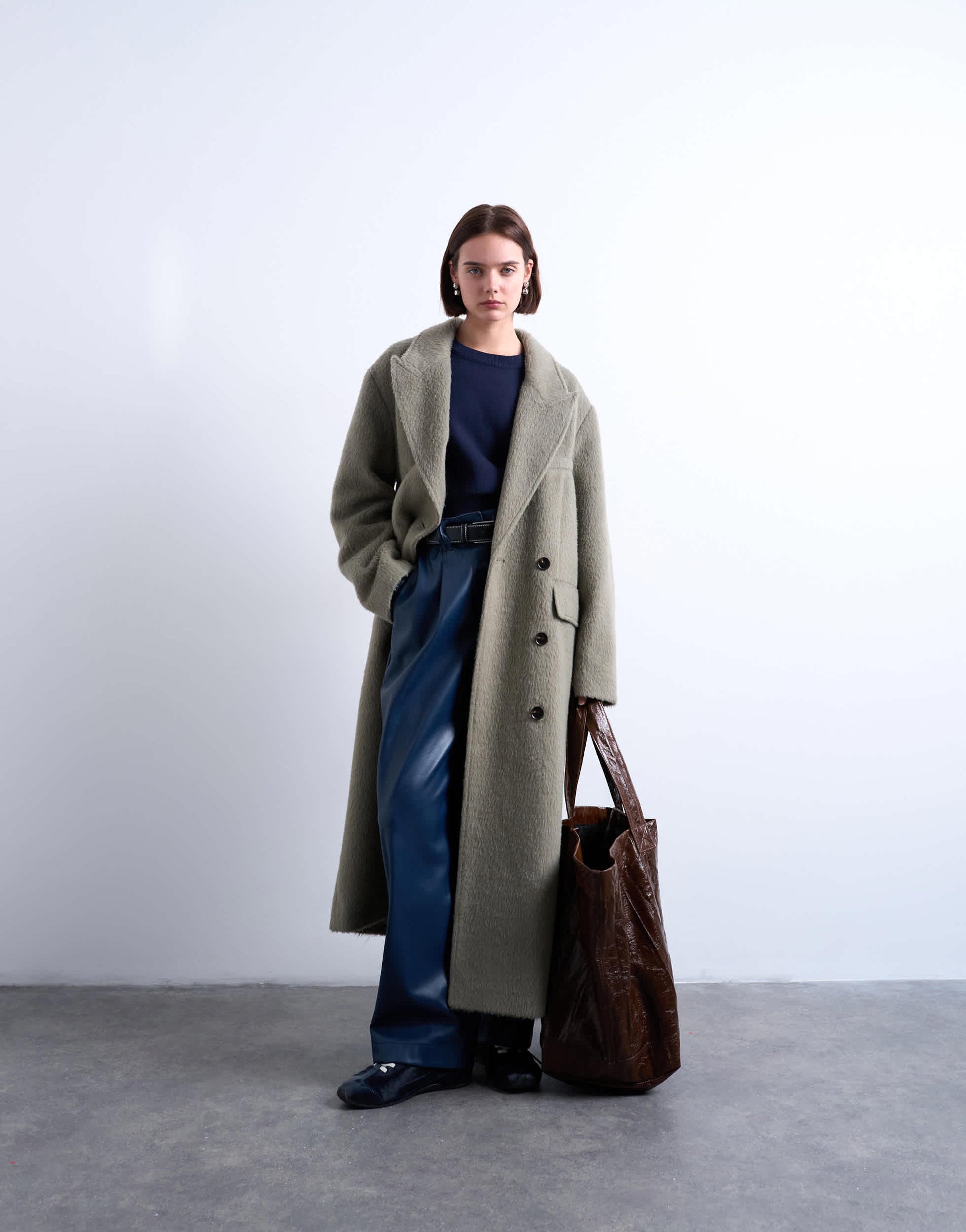 Topshop 3 button brushed coat with wool in sage