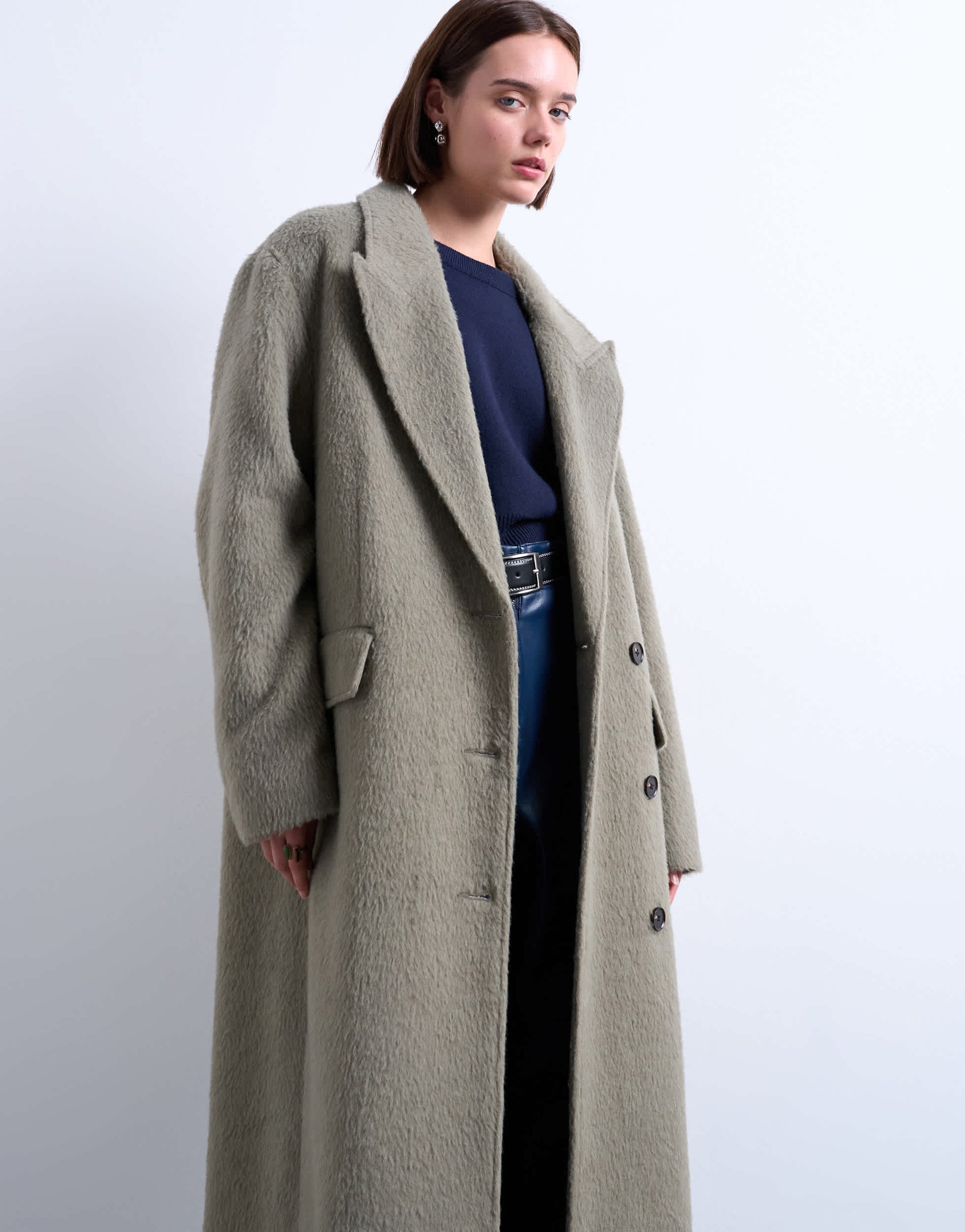 Topshop 3 button brushed coat with wool in sage