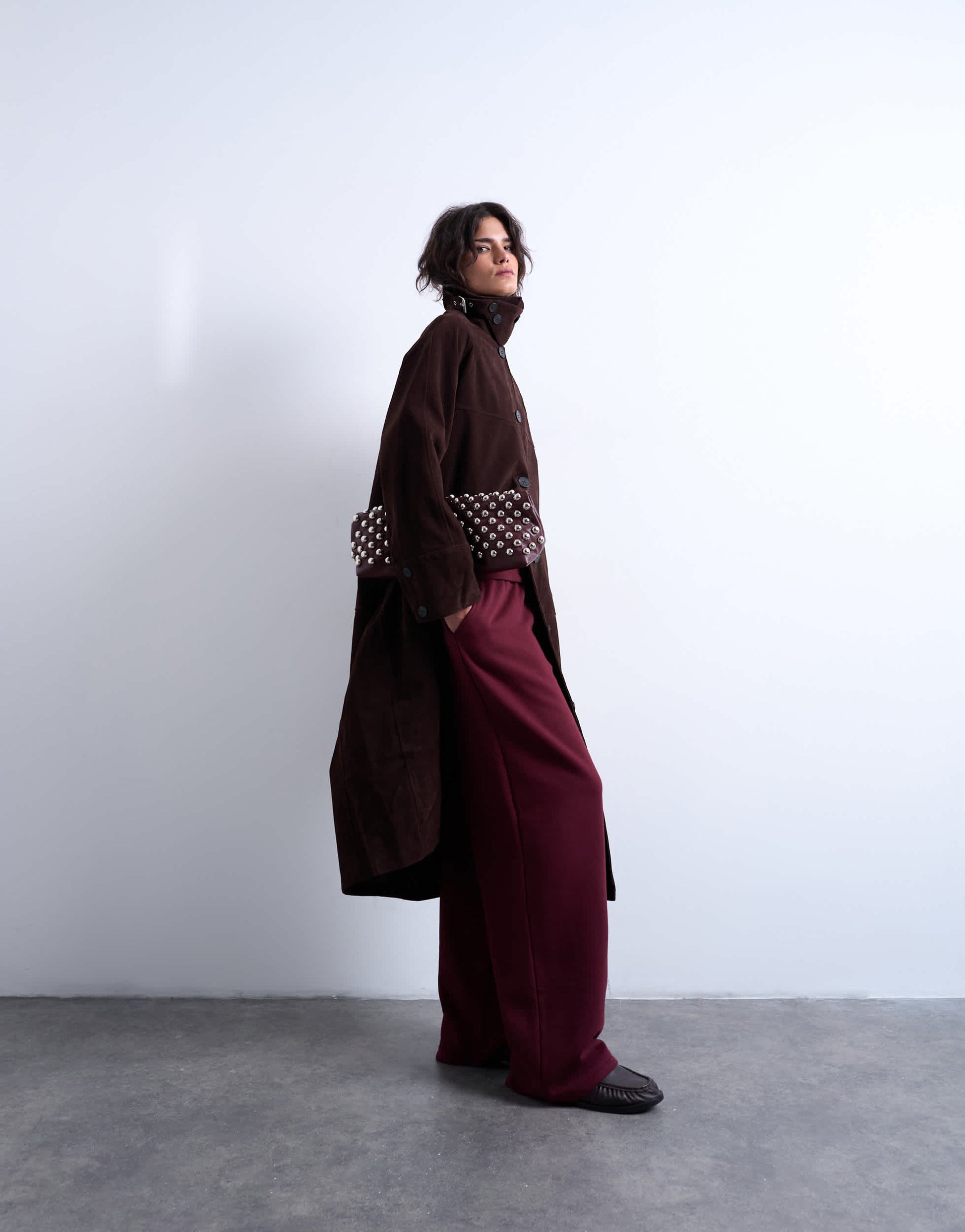 Topshop faux suede funnel long car coat with neck tab in brown