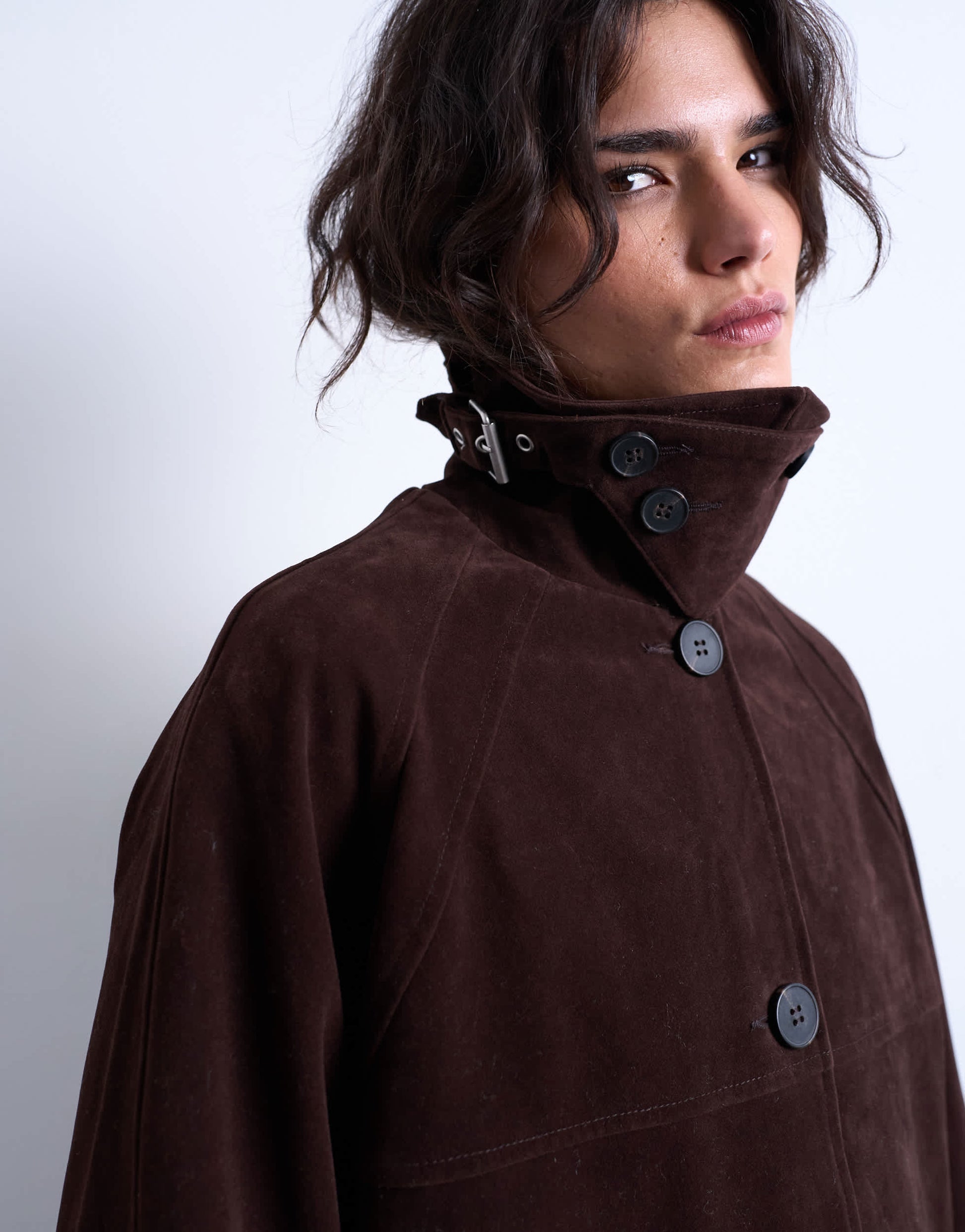 Topshop faux suede funnel long car coat with neck tab in brown