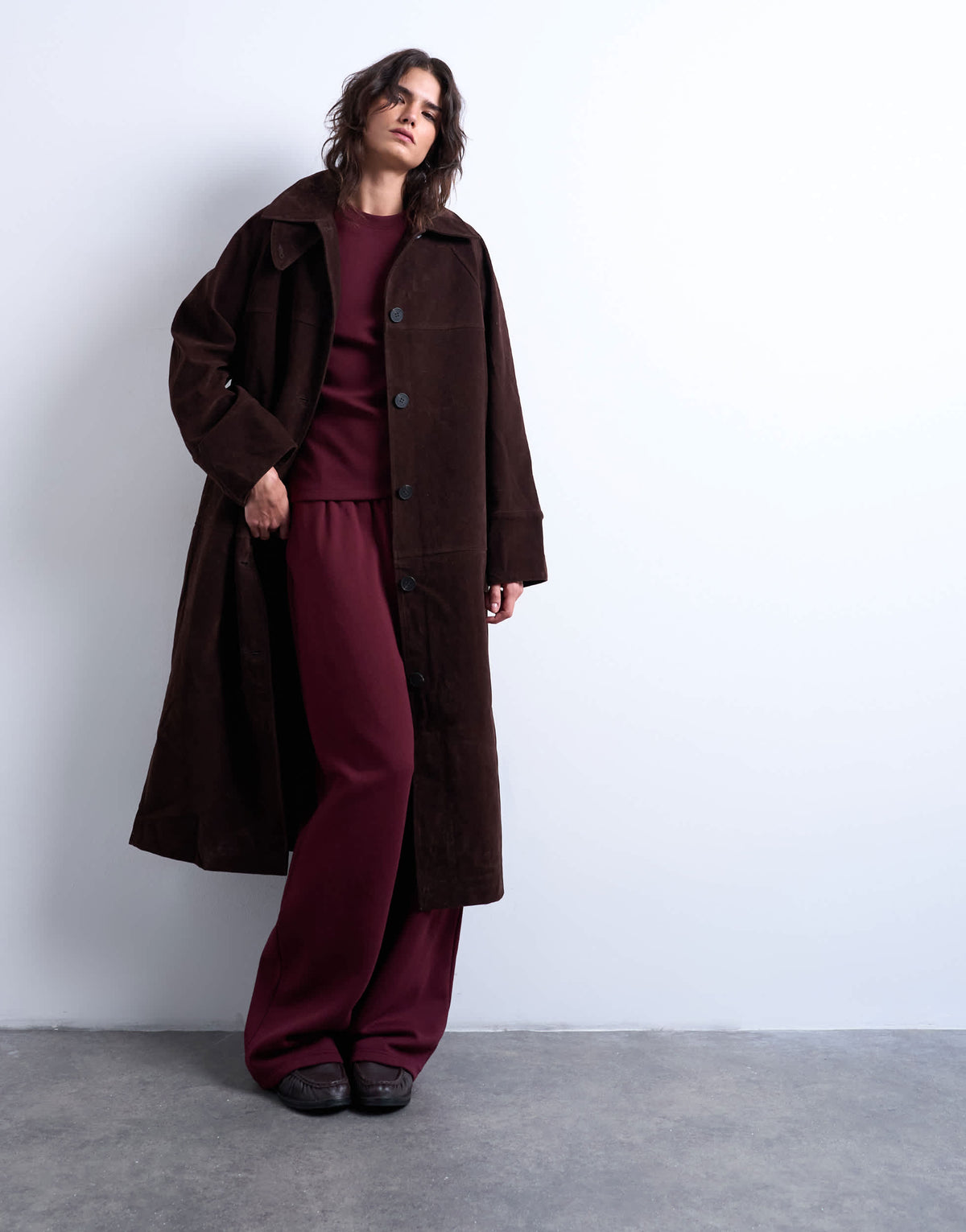 Topshop faux suede funnel long car coat with neck tab in brown