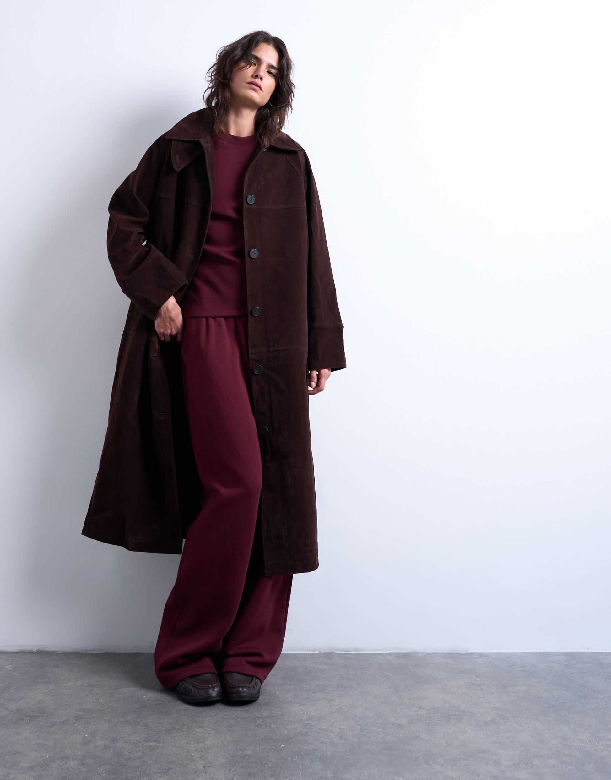 Topshop faux suede funnel long car coat with neck tab in brown