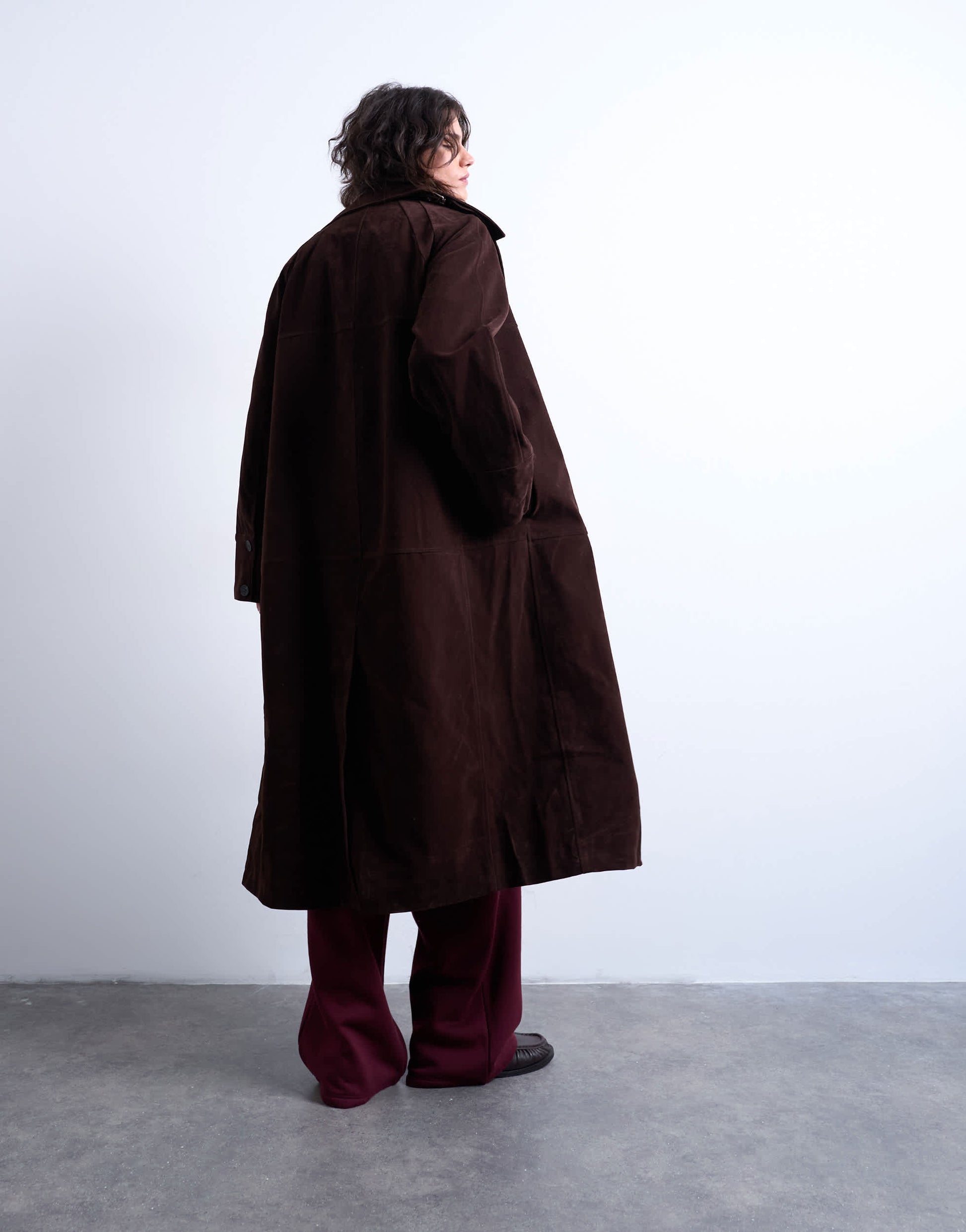 Topshop faux suede funnel long car coat with neck tab in brown