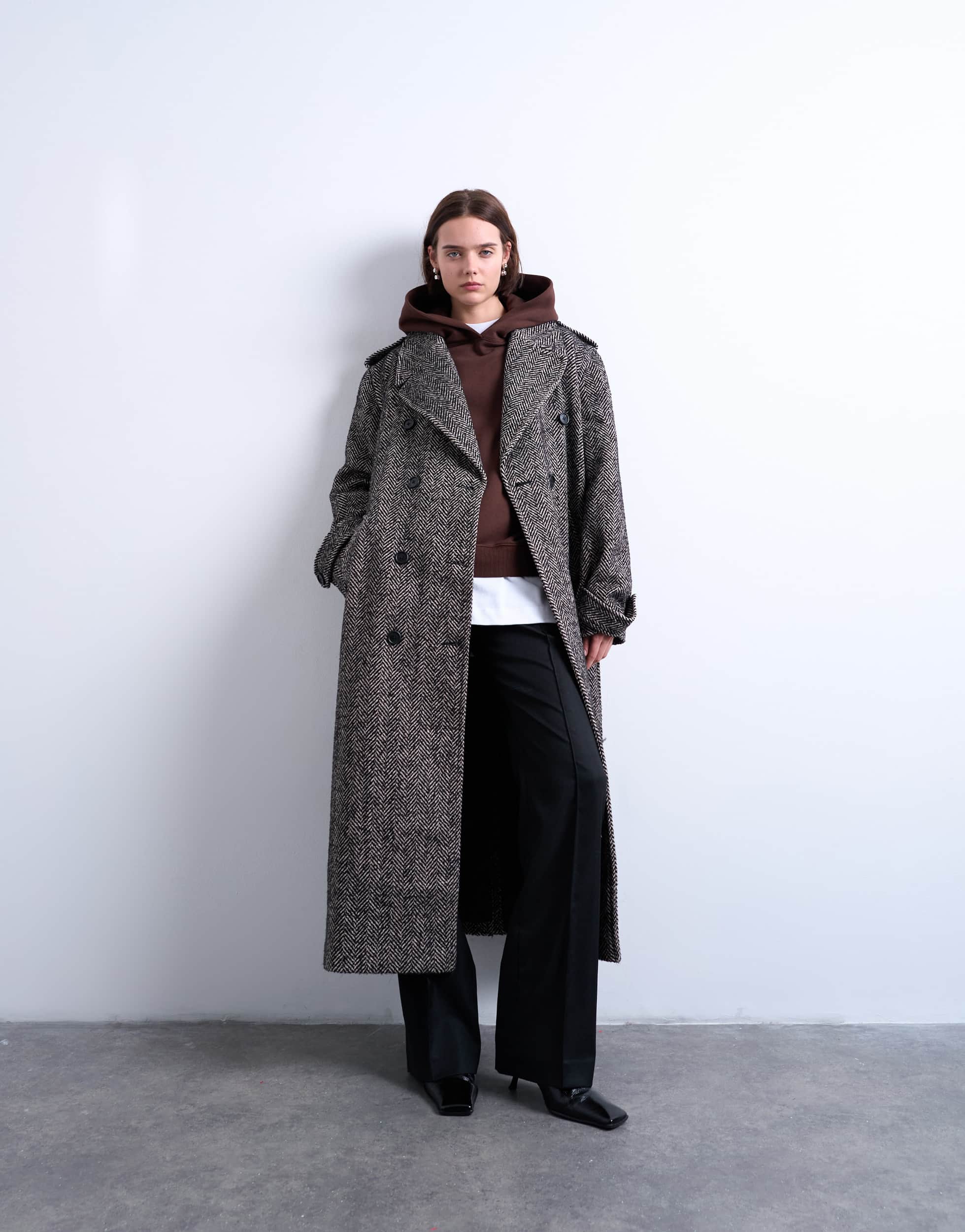 Topshop twill super longline belted coat with wool in multi