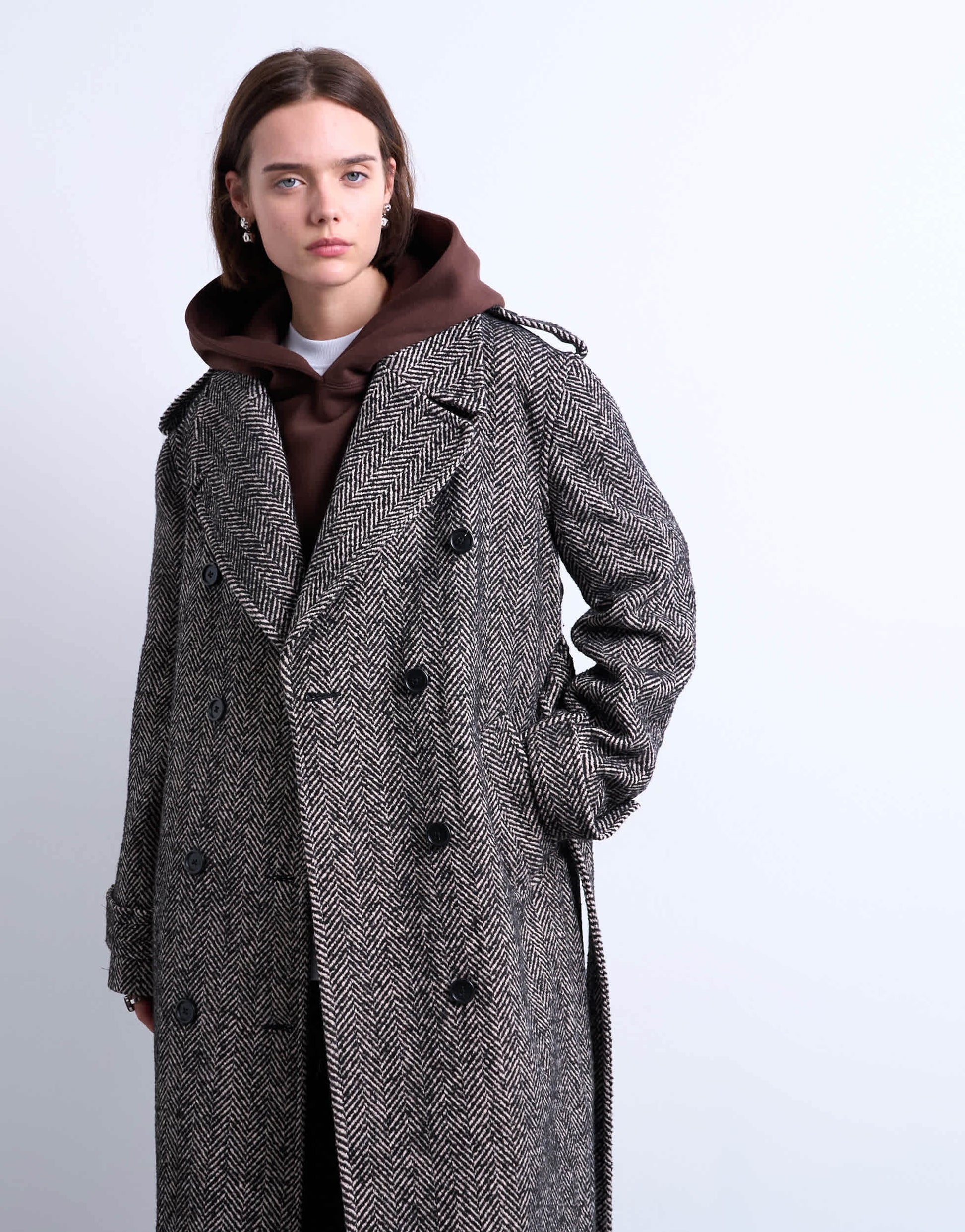 Topshop twill super longline belted coat with wool in multi