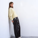 Topshop high shine high waist faux leather pleated straight leg trouser  in brown