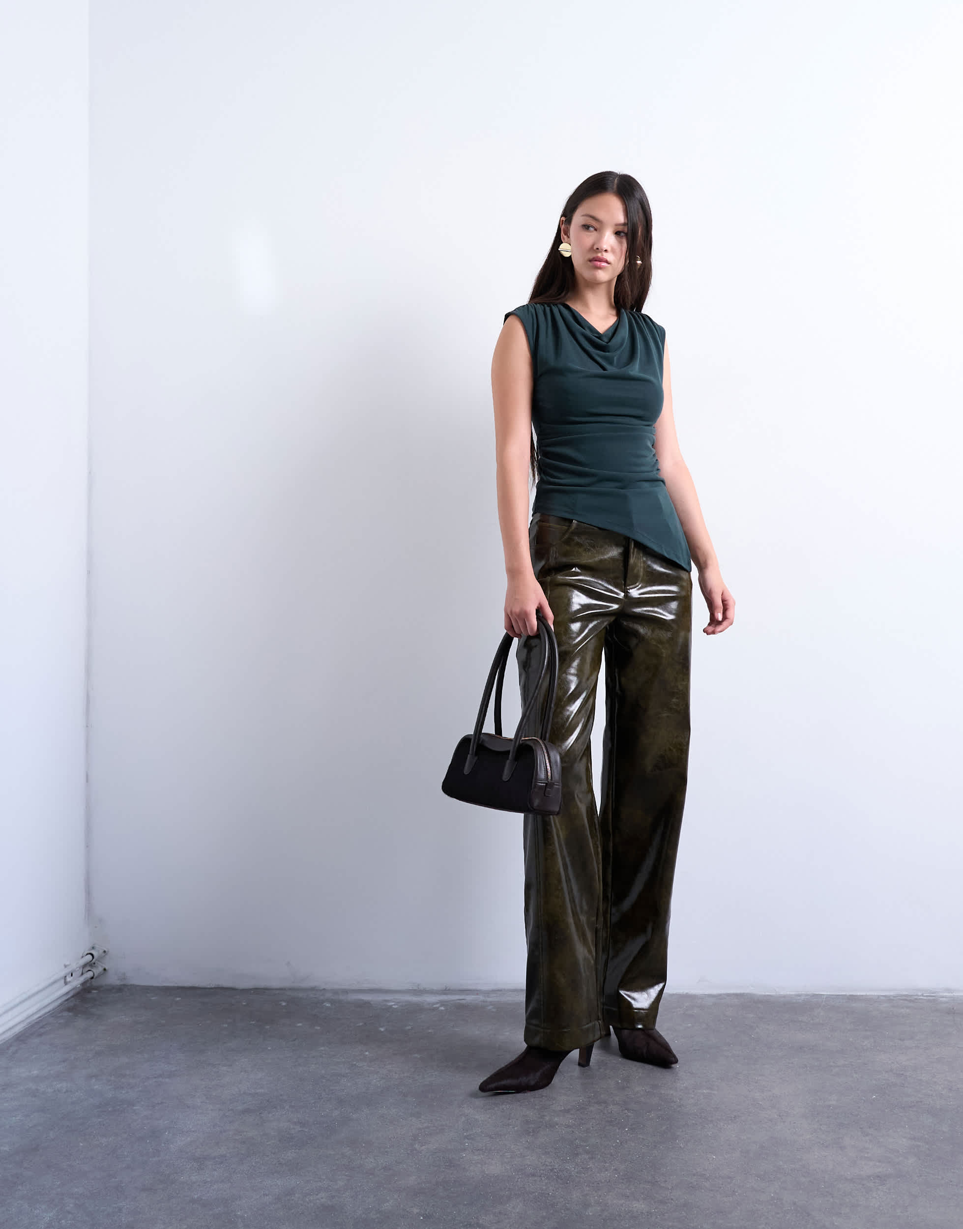 Topshop faux leather high shine scoop pocket wide leg trouser in washed green