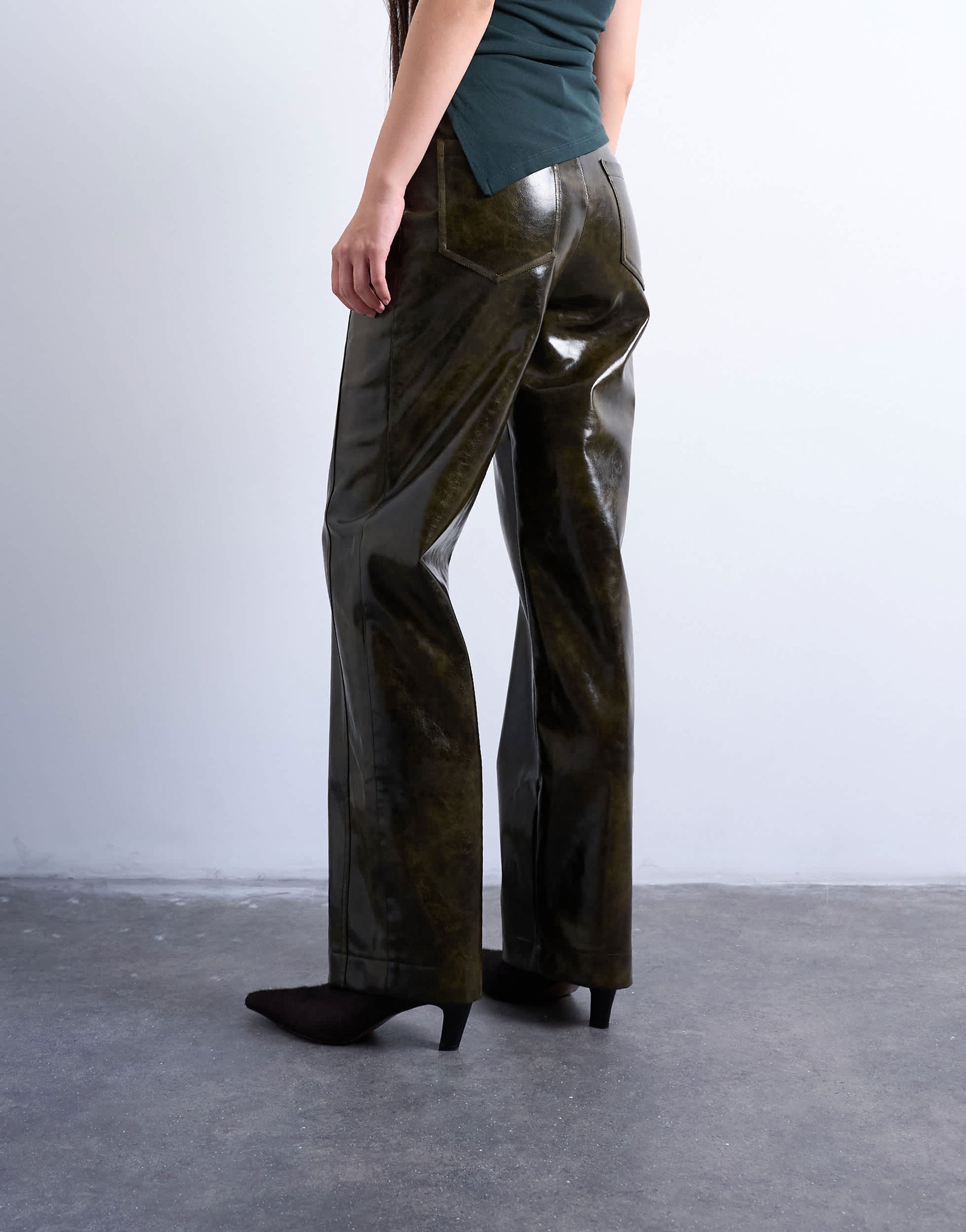 Topshop faux leather high shine scoop pocket wide leg trouser in washed green