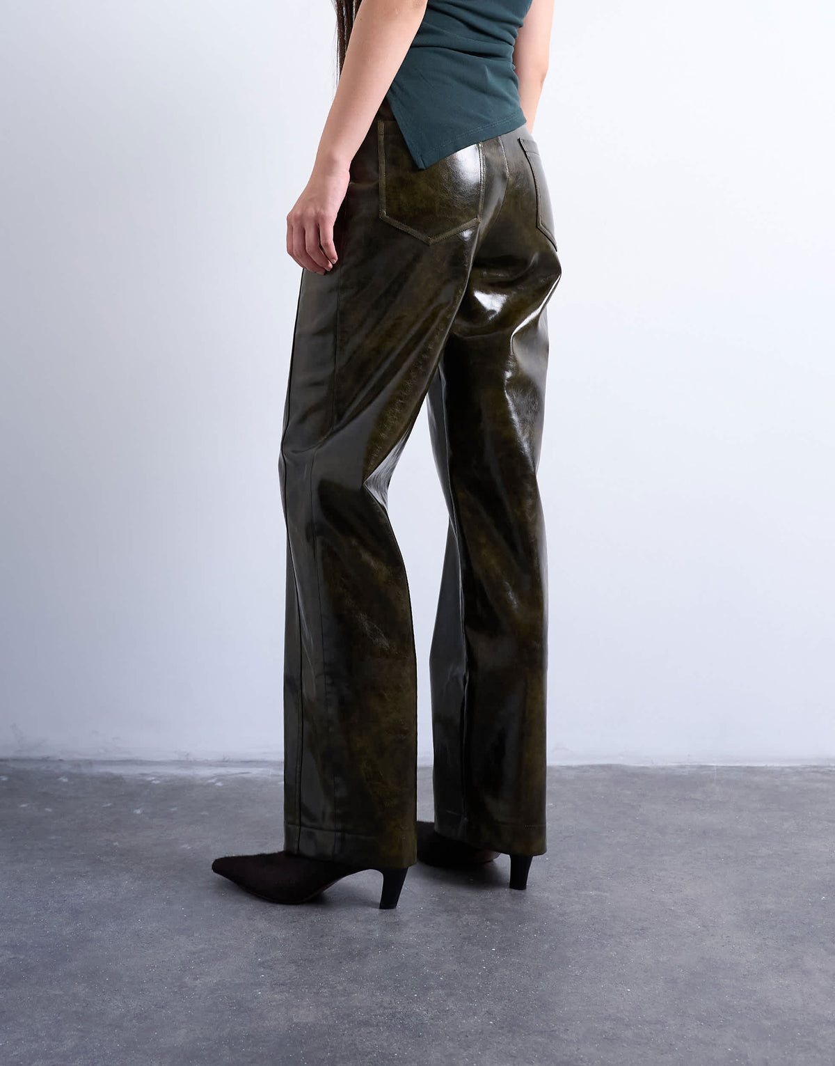 Topshop faux leather high shine scoop pocket wide leg trouser in washed green