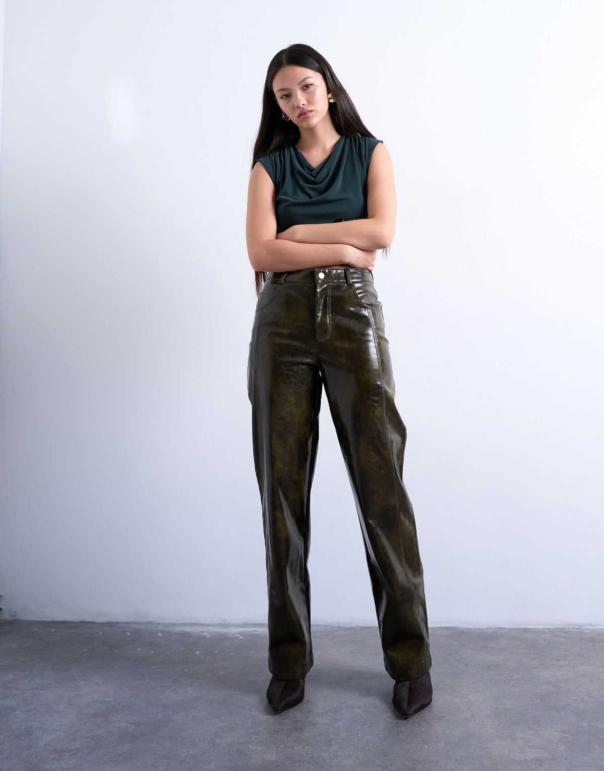 Topshop faux leather high shine scoop pocket wide leg trouser in washed green