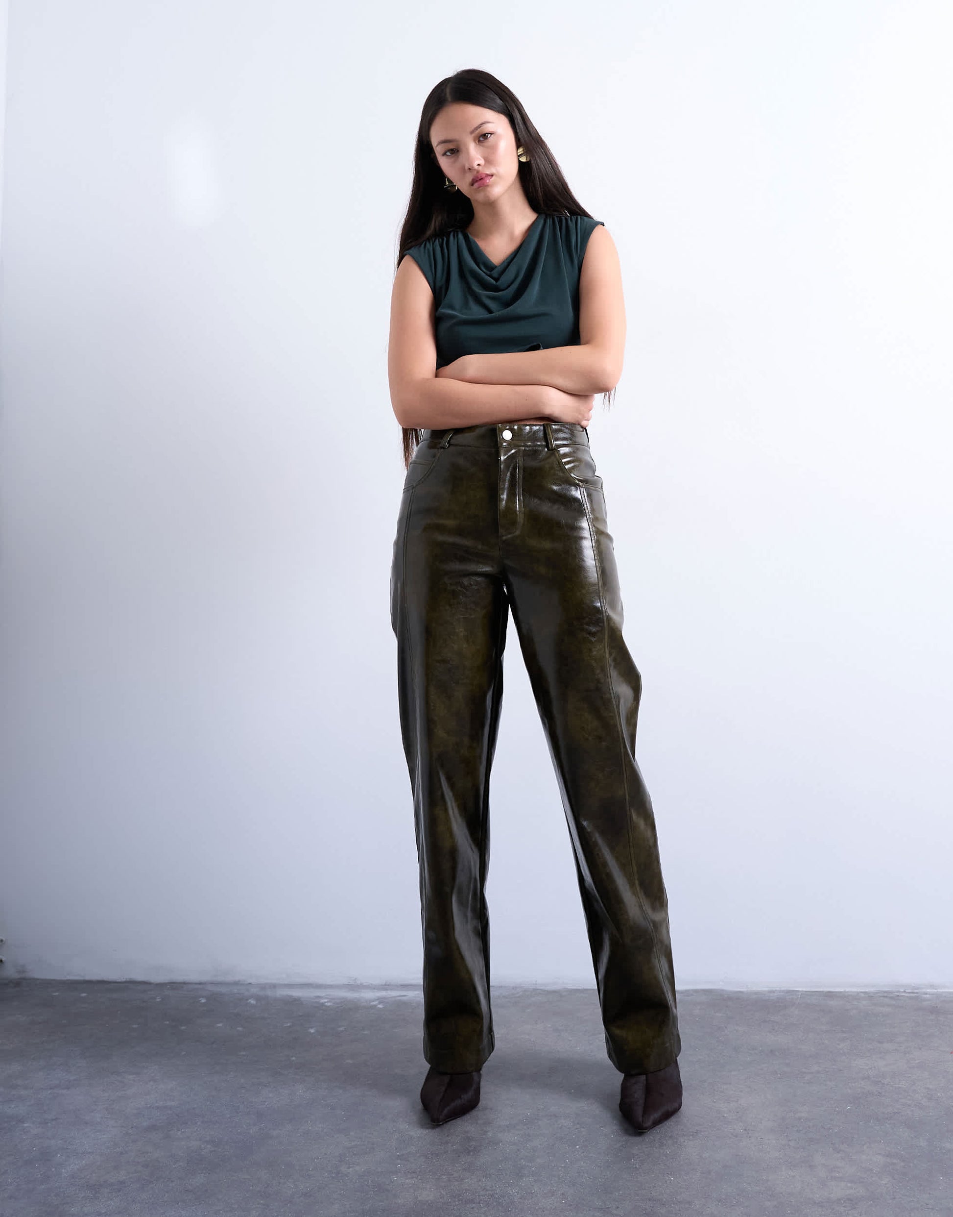 Topshop faux leather high shine scoop pocket wide leg trouser in washed green