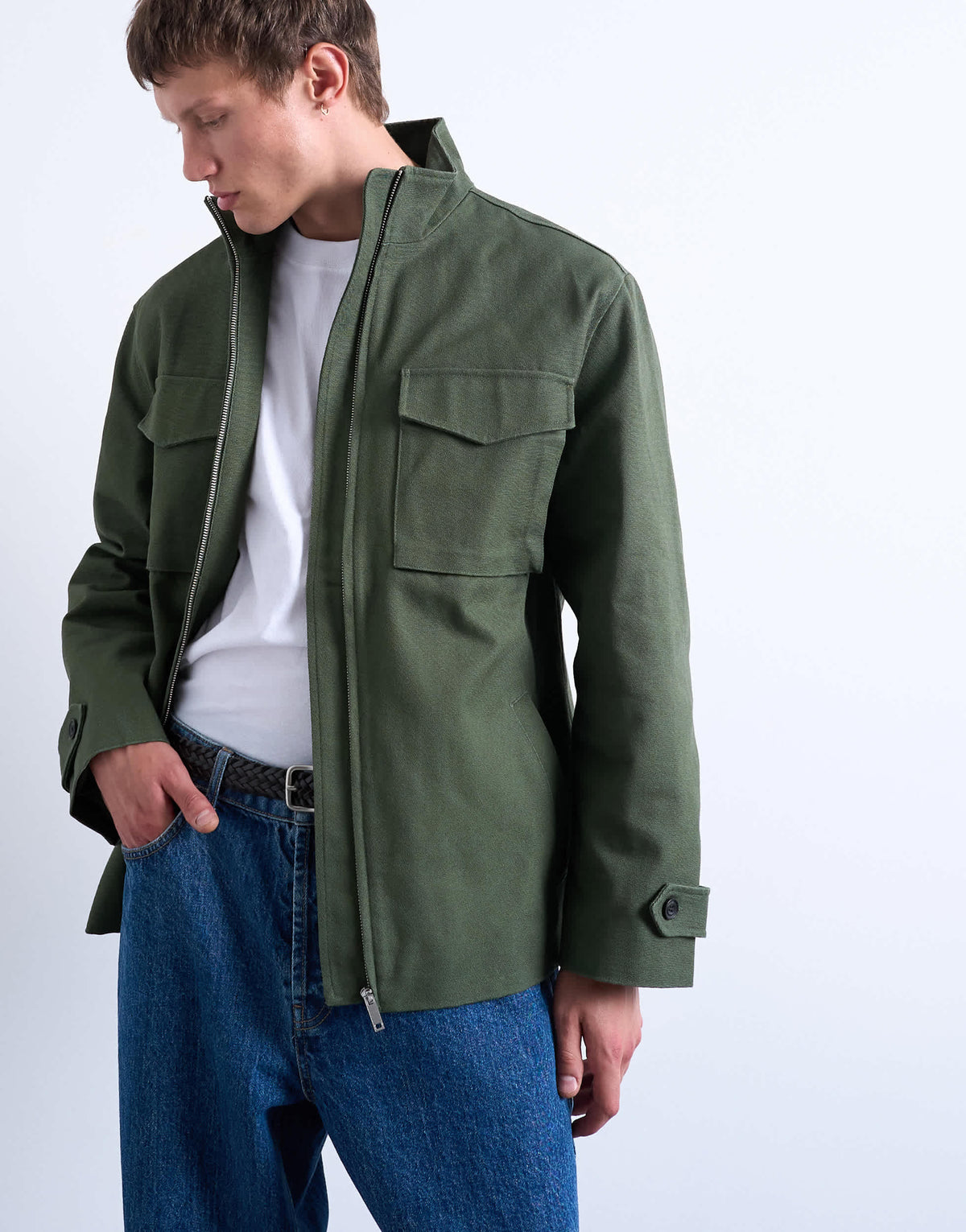 Topman double pocket funnel neck canvas jacket in green