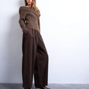 Topshop cord wide leg awkward length trouser in brown