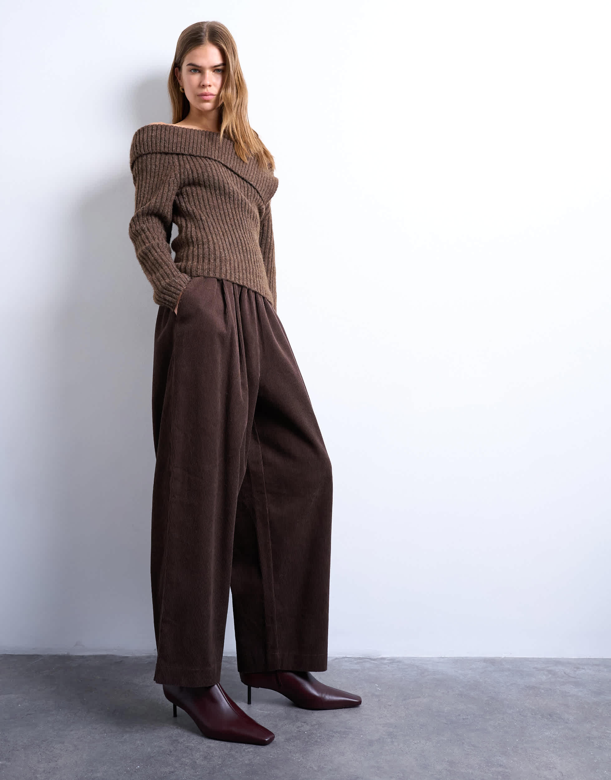 Topshop cord wide leg awkward length trouser in brown