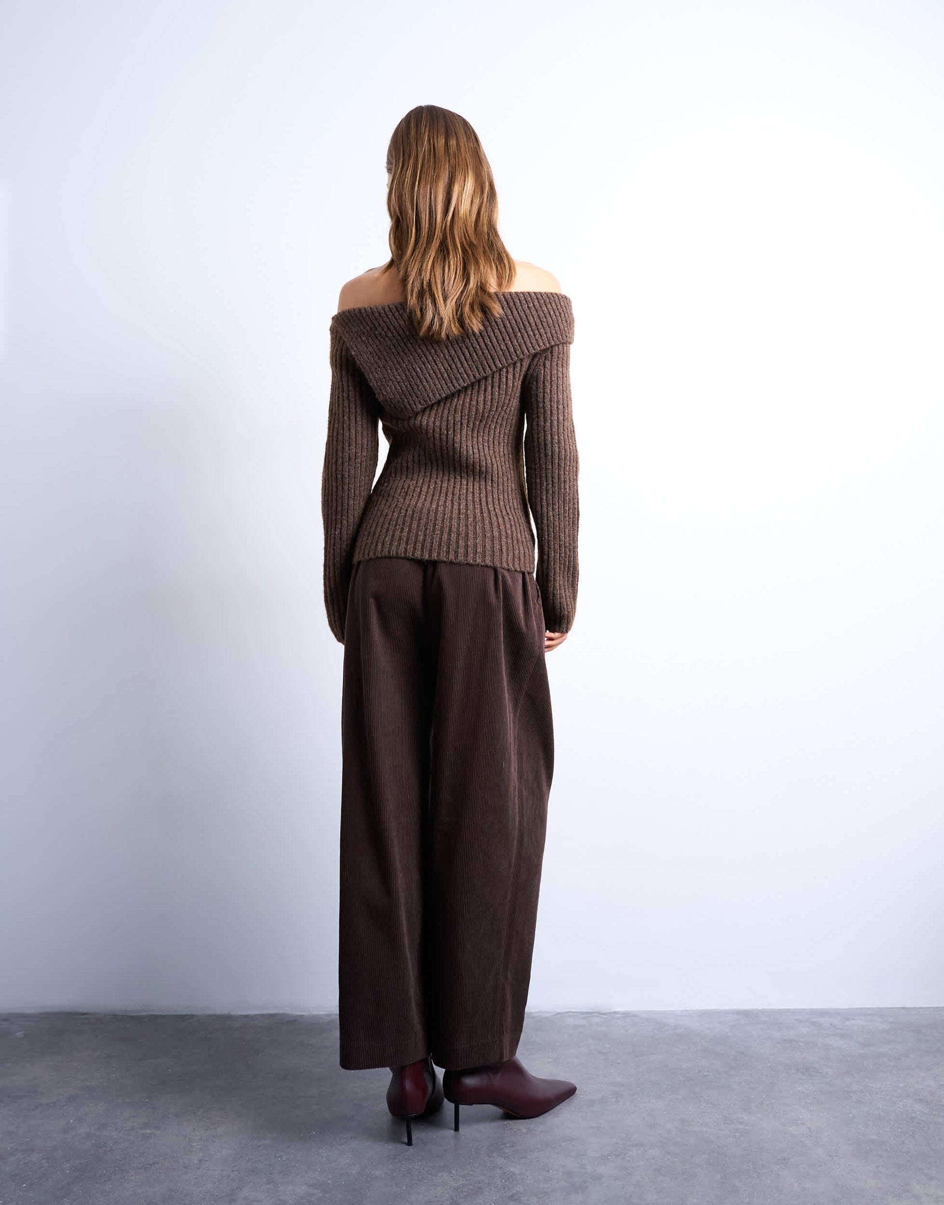 Topshop cord wide leg awkward length trouser in brown