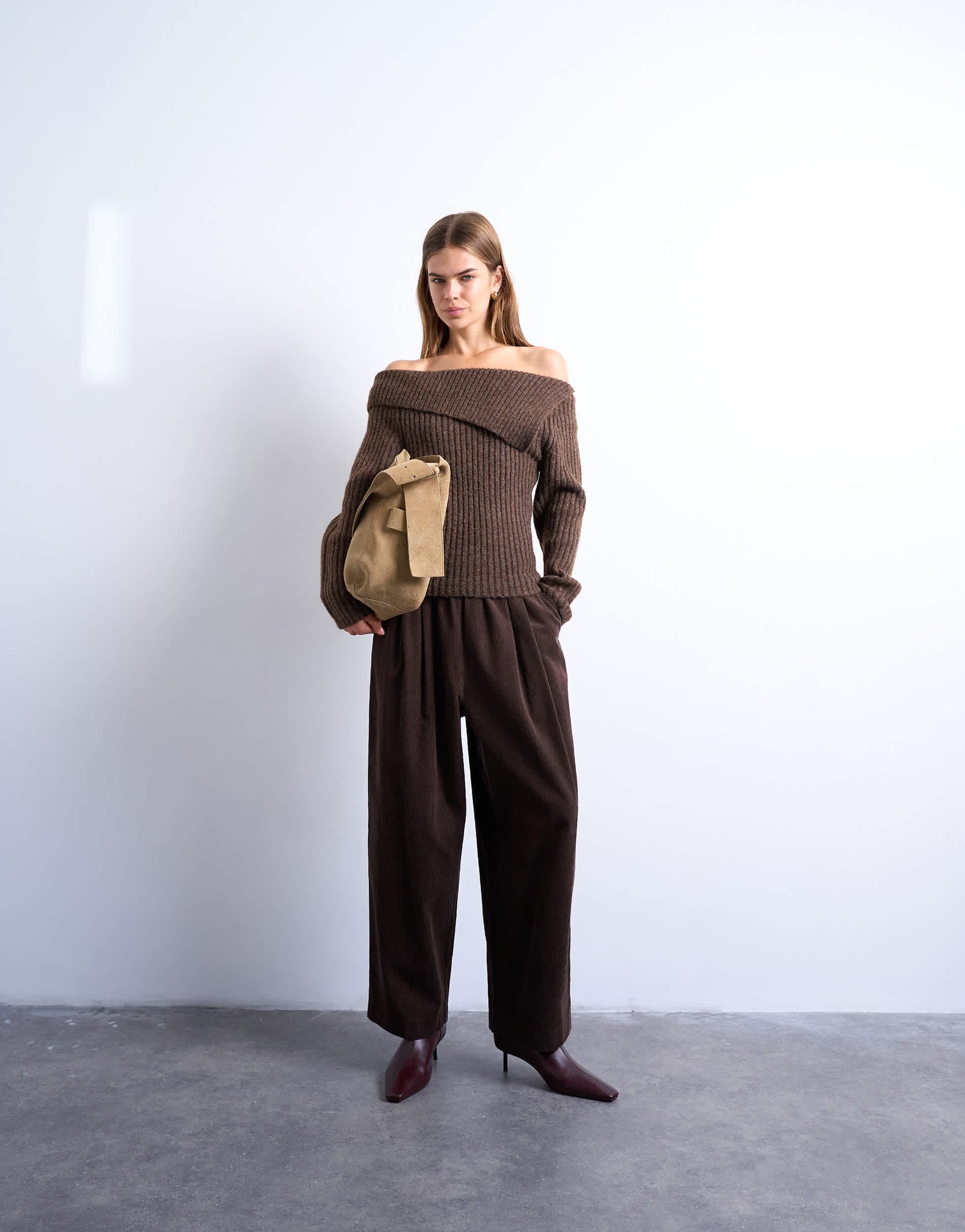 Topshop cord wide leg awkward length trouser in brown