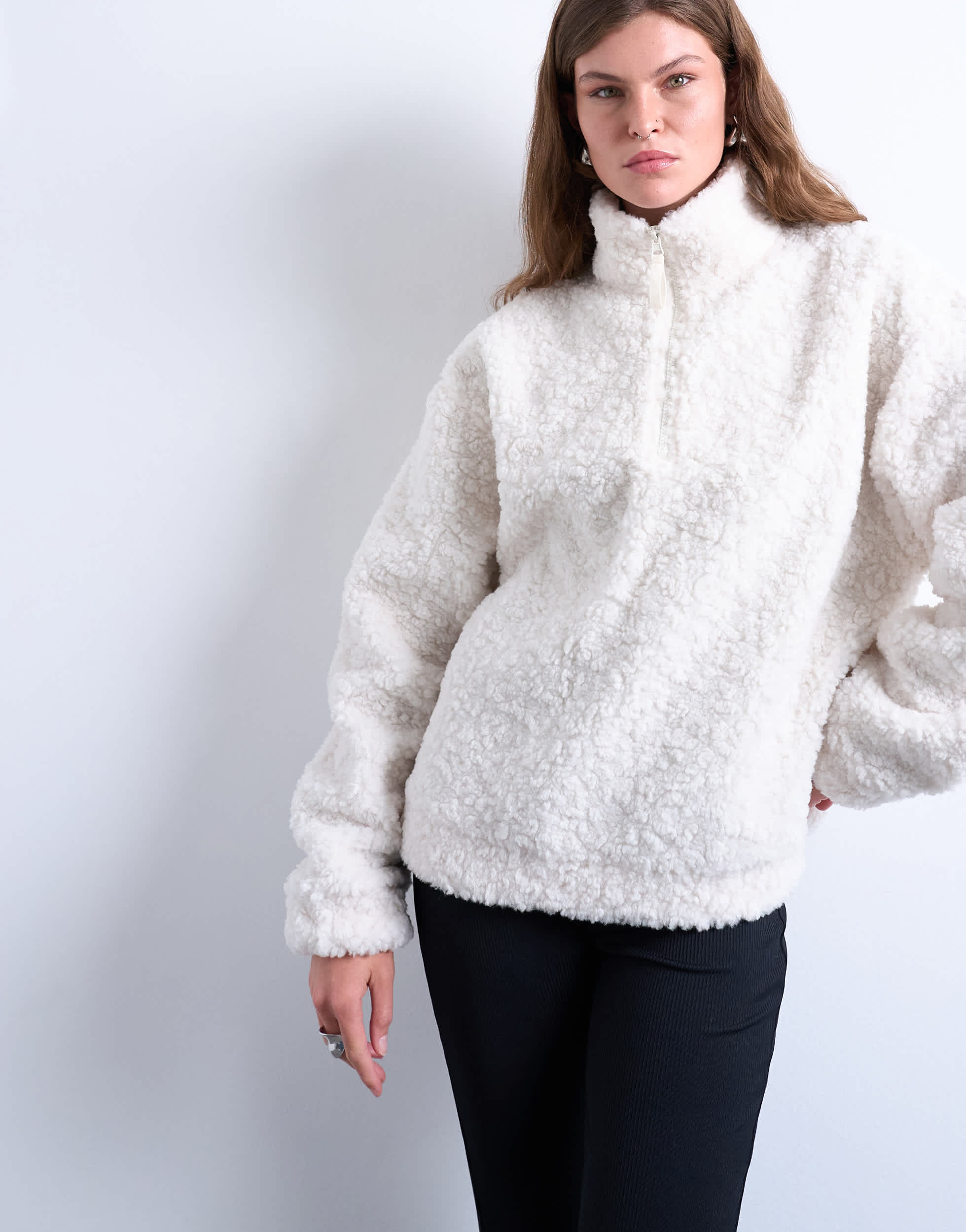 Topshop borg quarter zip top in ecru