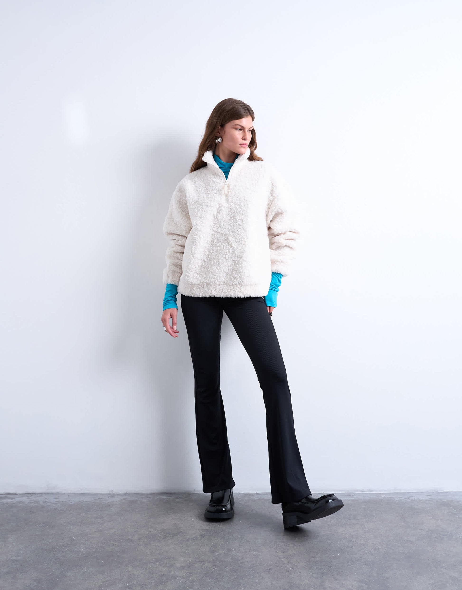 Topshop borg quarter zip top in ecru