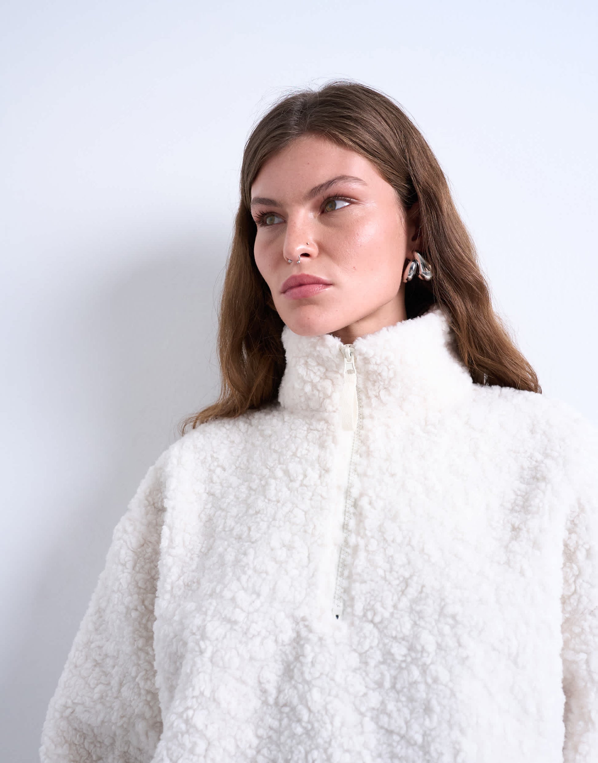 Topshop borg quarter zip top in ecru