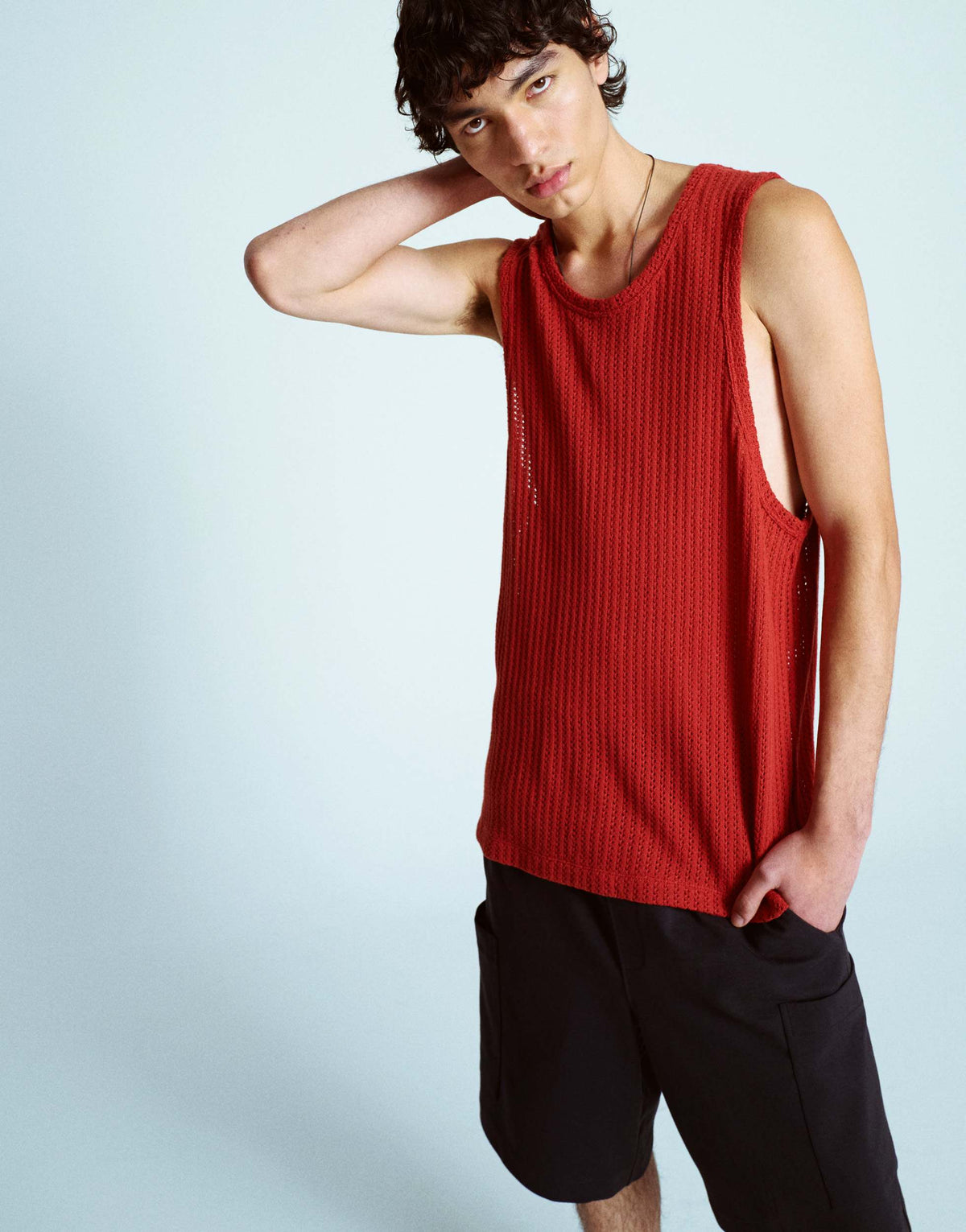 Topman relaxed fit knitted crochet vest in rust