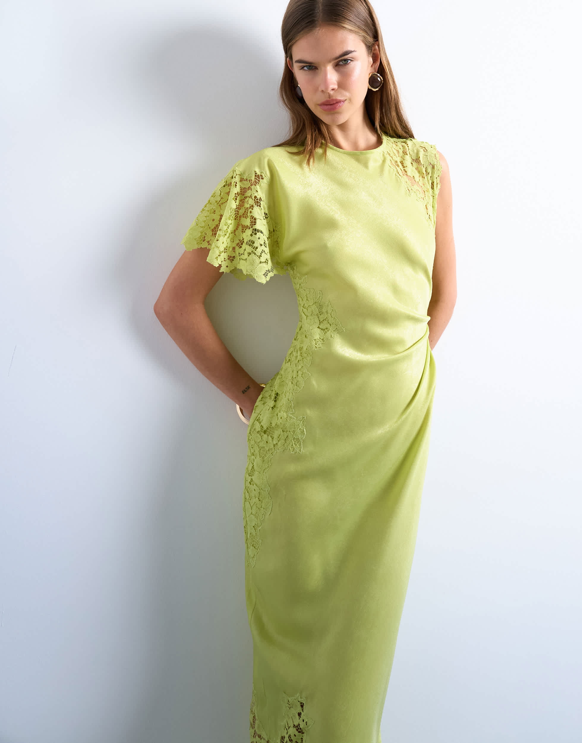 Topshop lace insert grown on shoulder midi dress in lime