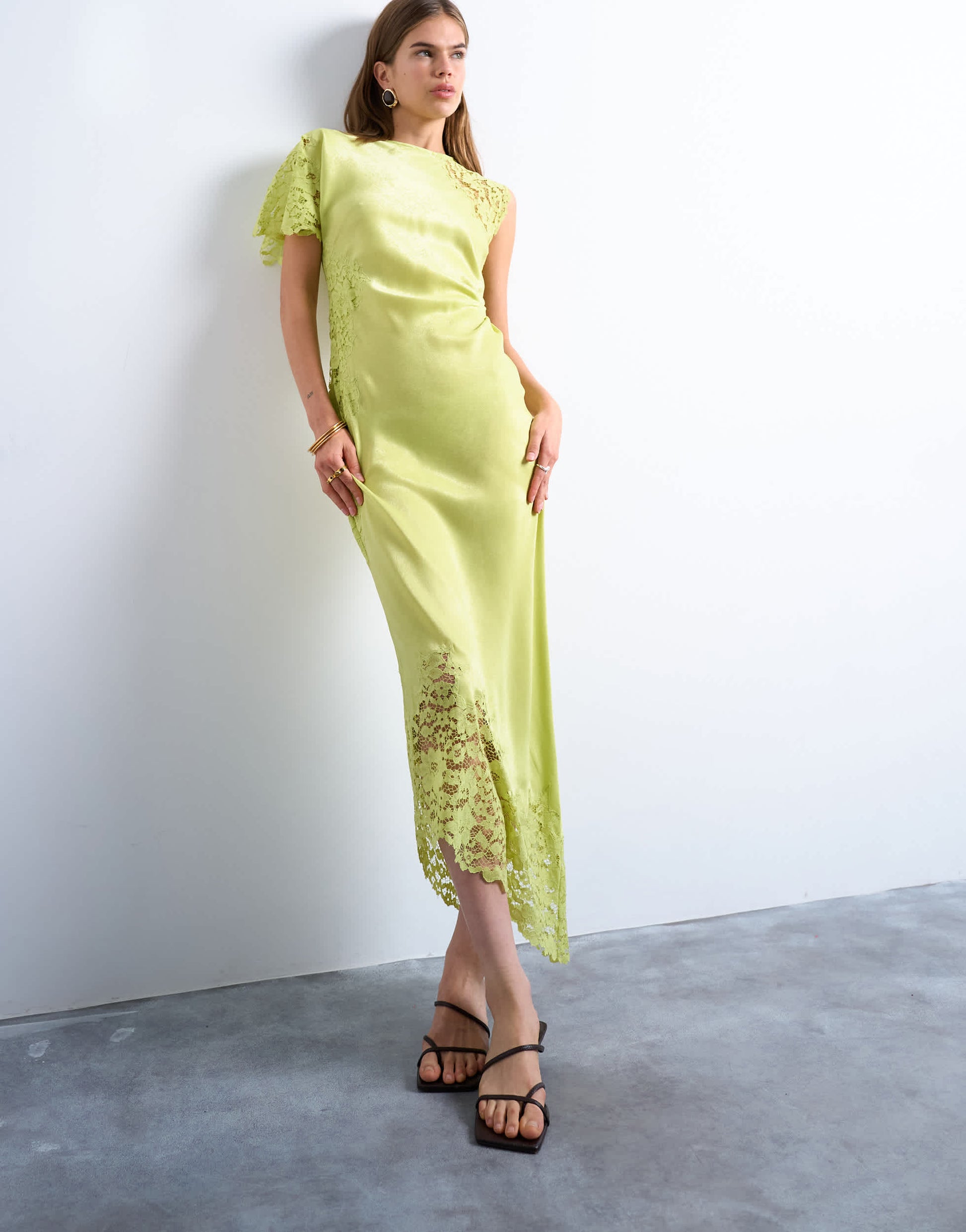 Topshop lace insert grown on shoulder midi dress in lime