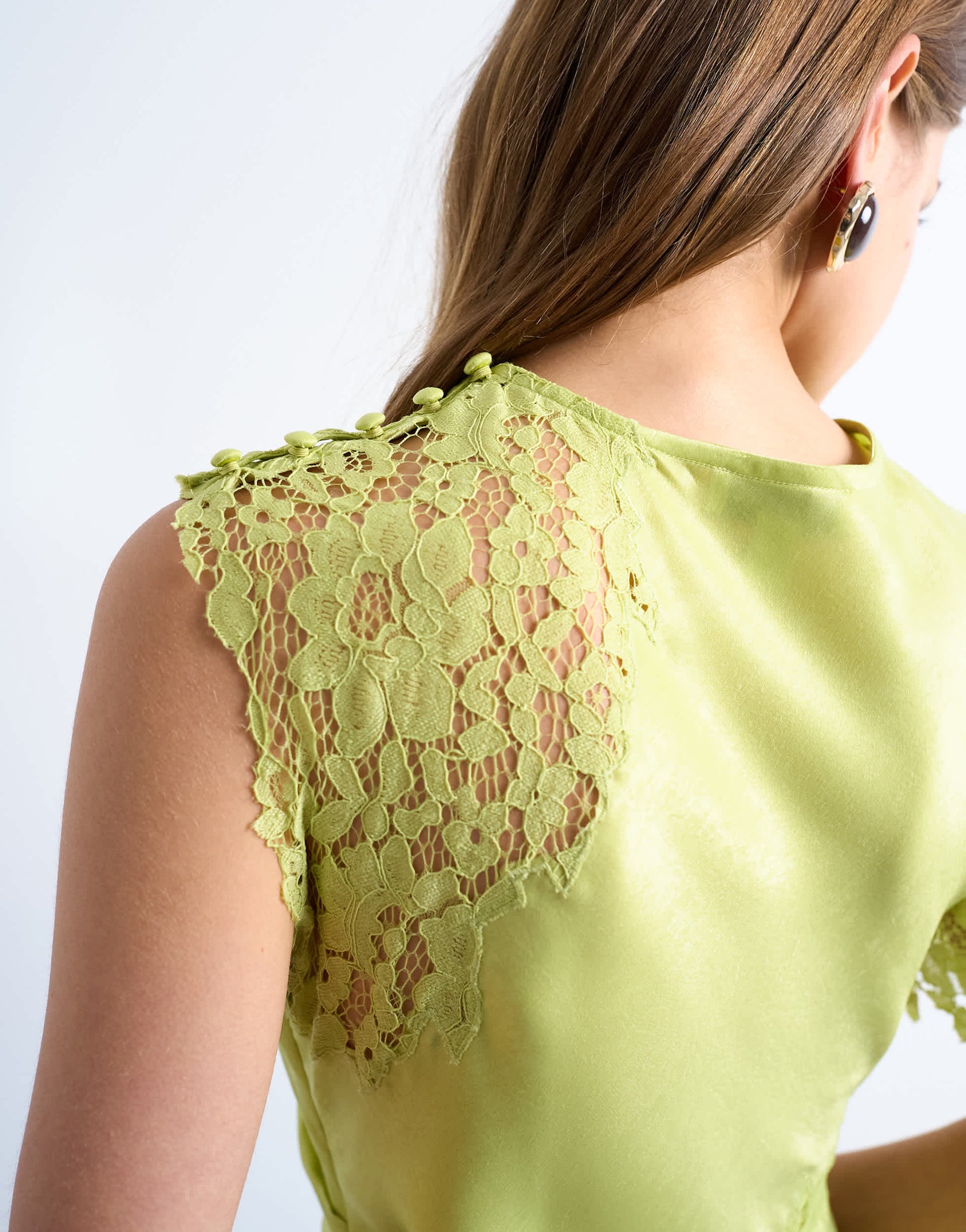 Topshop lace insert grown on shoulder midi dress in lime
