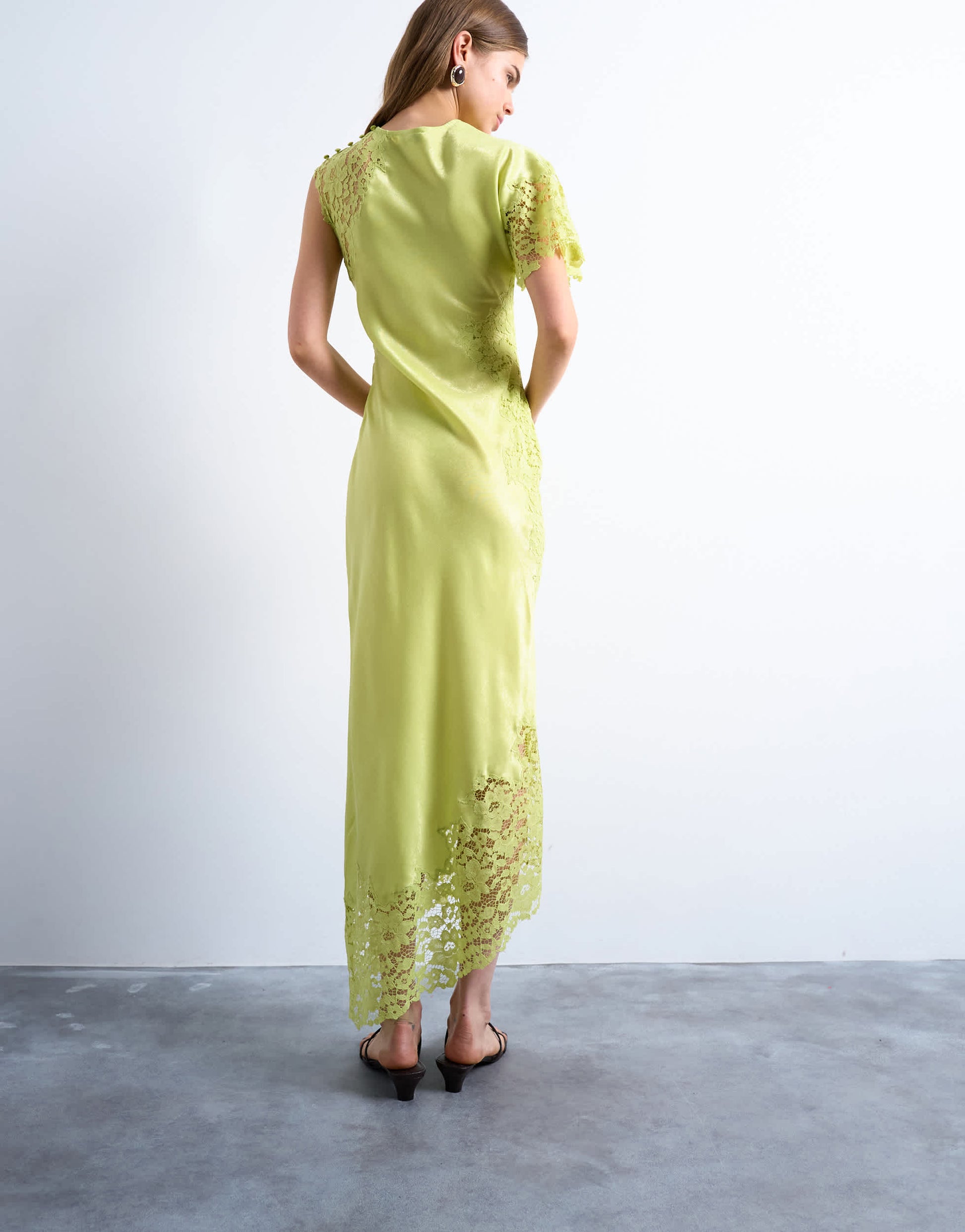 Topshop lace insert grown on shoulder midi dress in lime