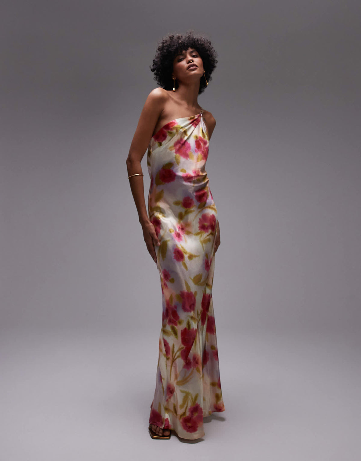 Topshop asymmetric one shoulder open back midi occasion dress in watercolour bloom