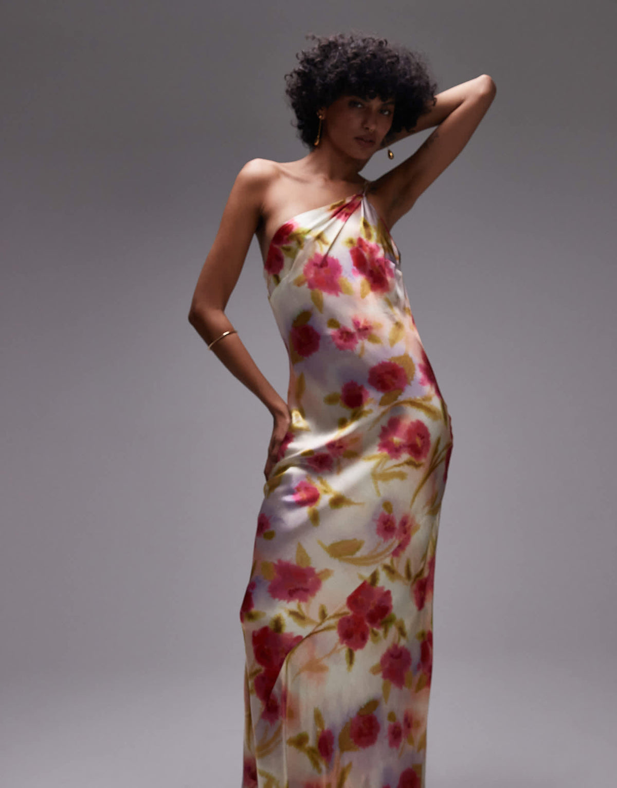 Topshop asymmetric one shoulder open back midi occasion dress in watercolour bloom