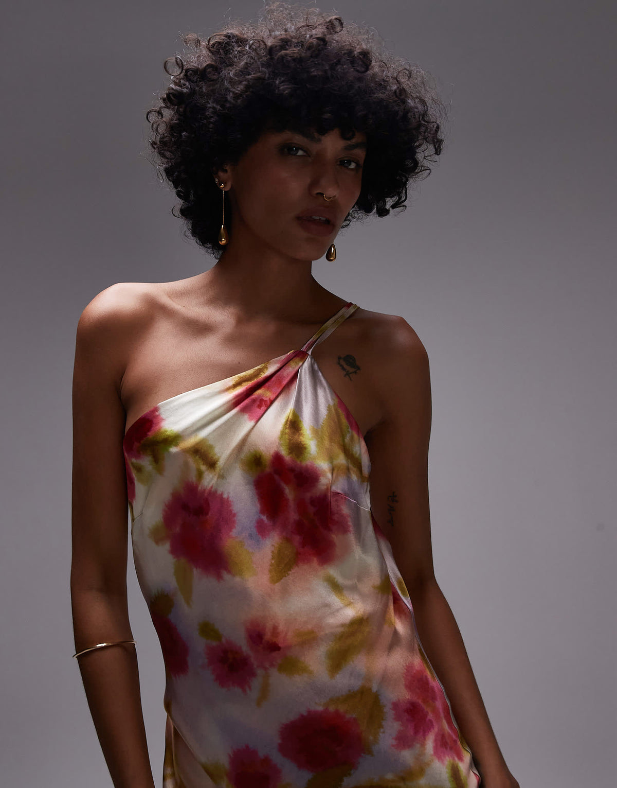 Topshop asymmetric one shoulder open back midi occasion dress in watercolour bloom
